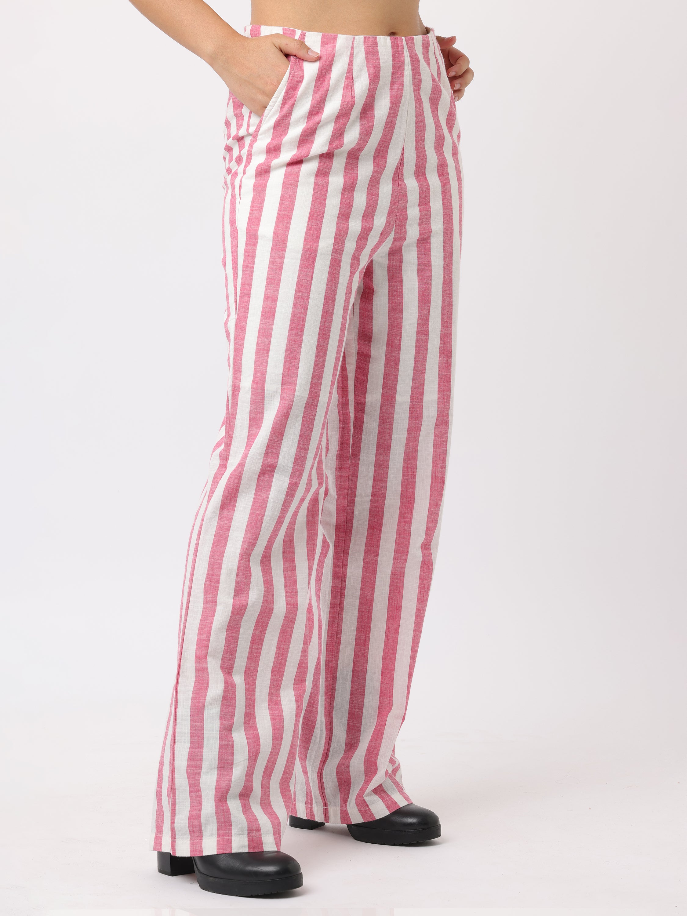 Women White and Pink Vertical Stipe Pants