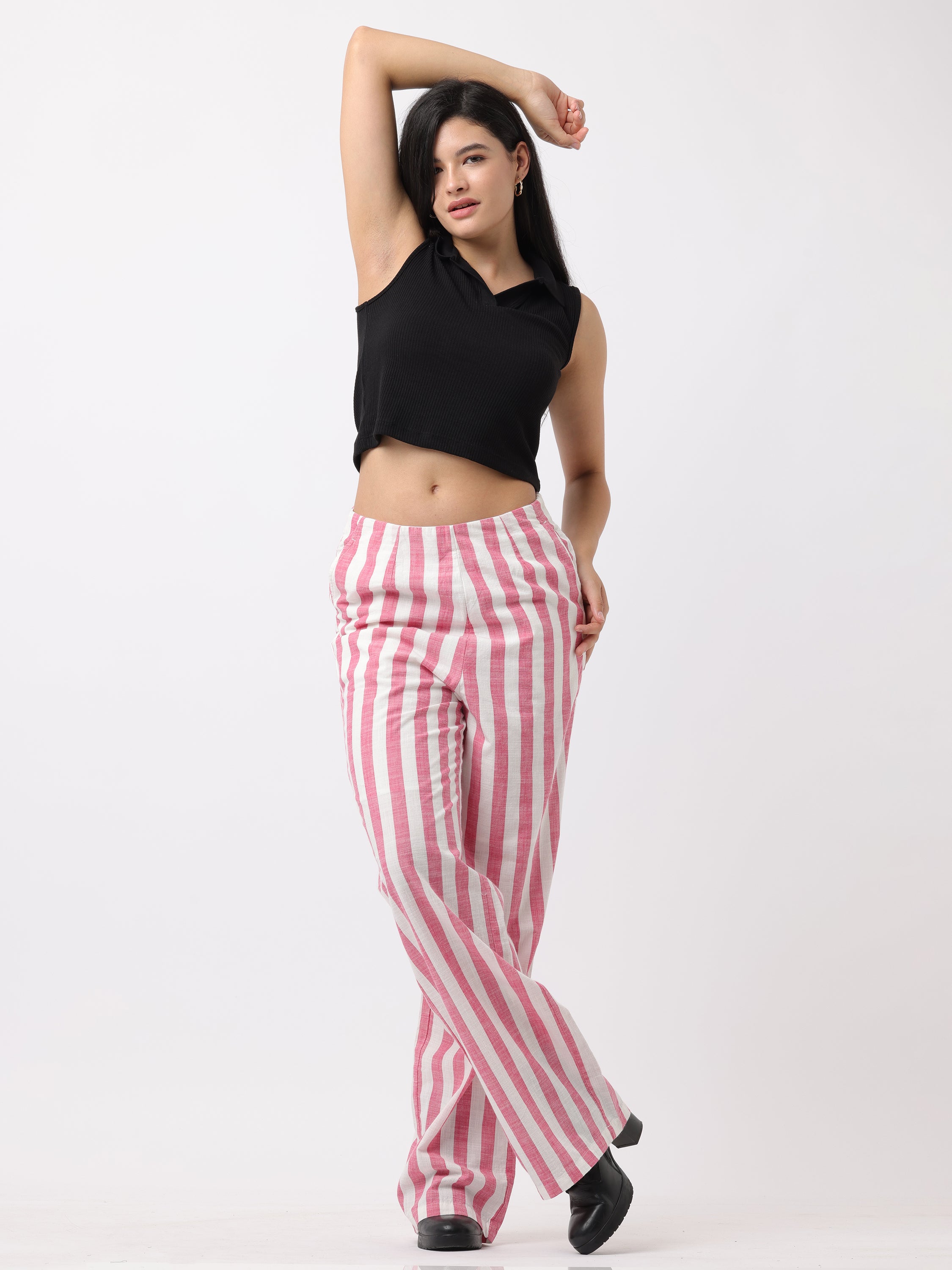 Women White and Pink Vertical Stipe Pants