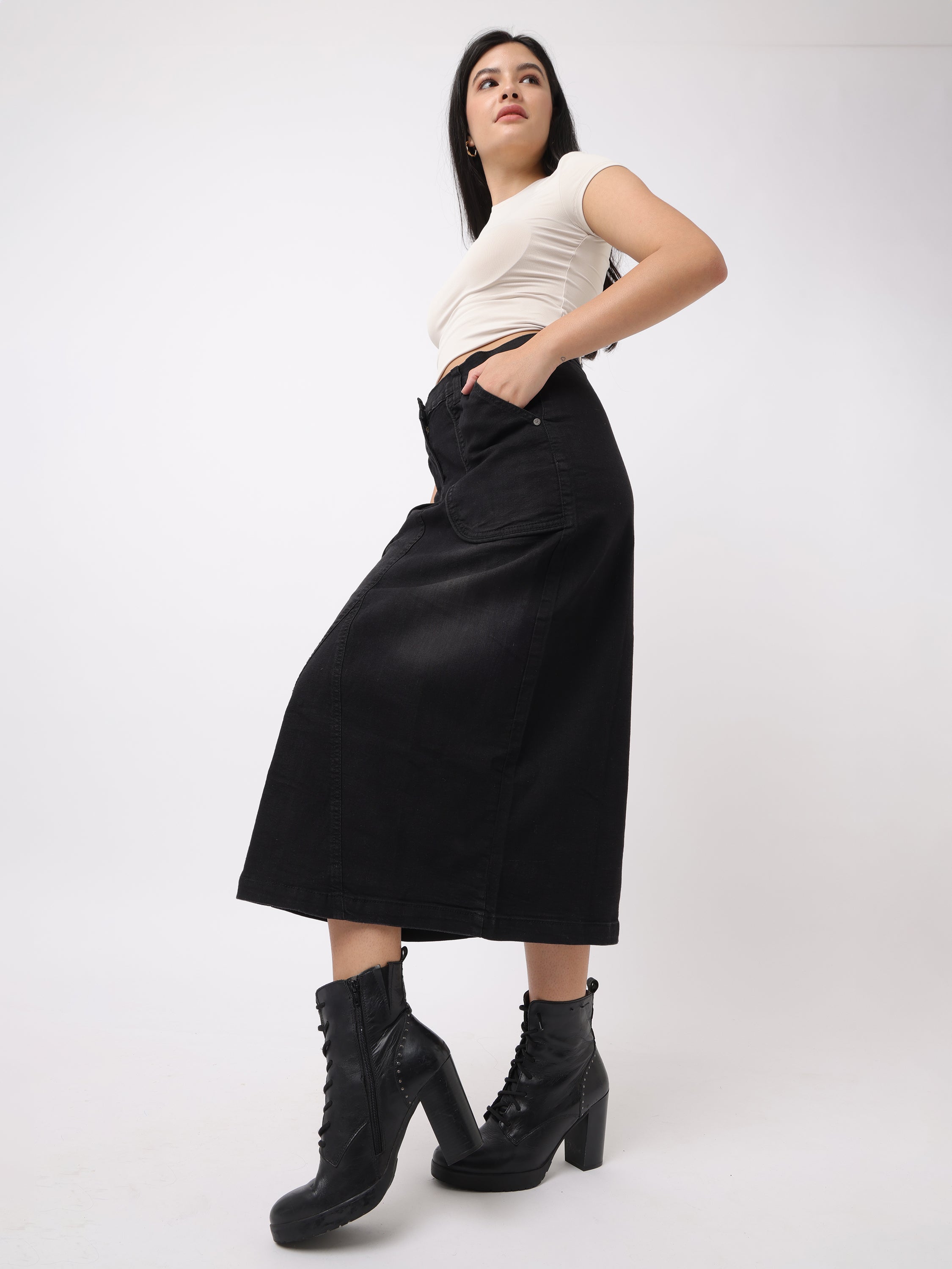 Women Black Regular Fit Cotton Skirt