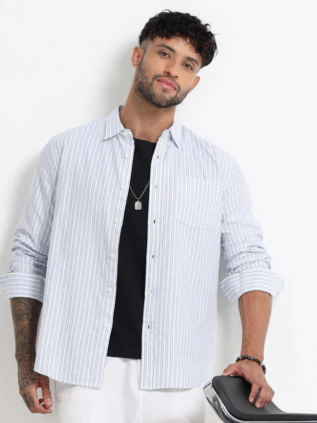 Men Blue & White Stripe Shirt