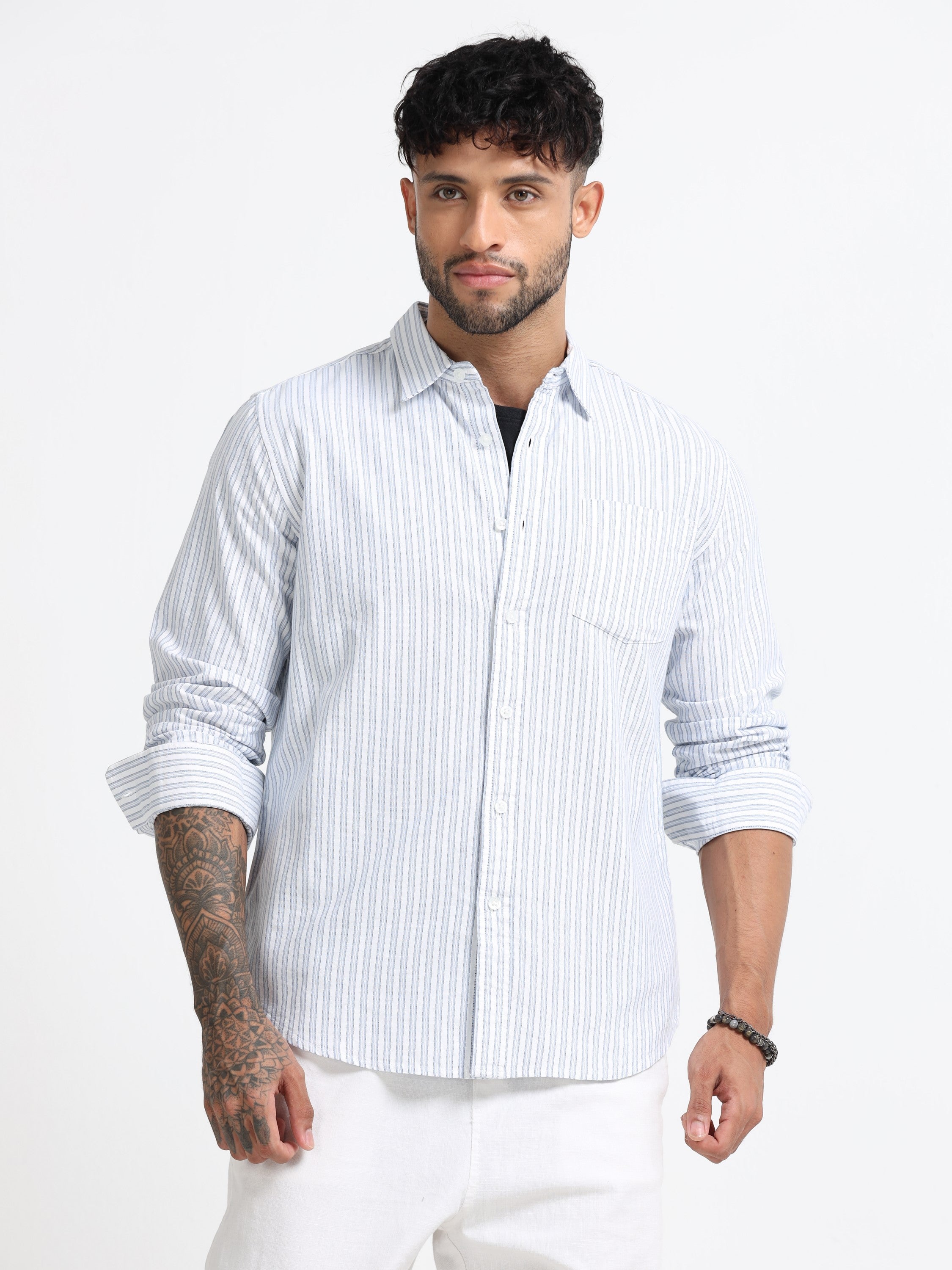 Men Blue & White Stripe Shirt