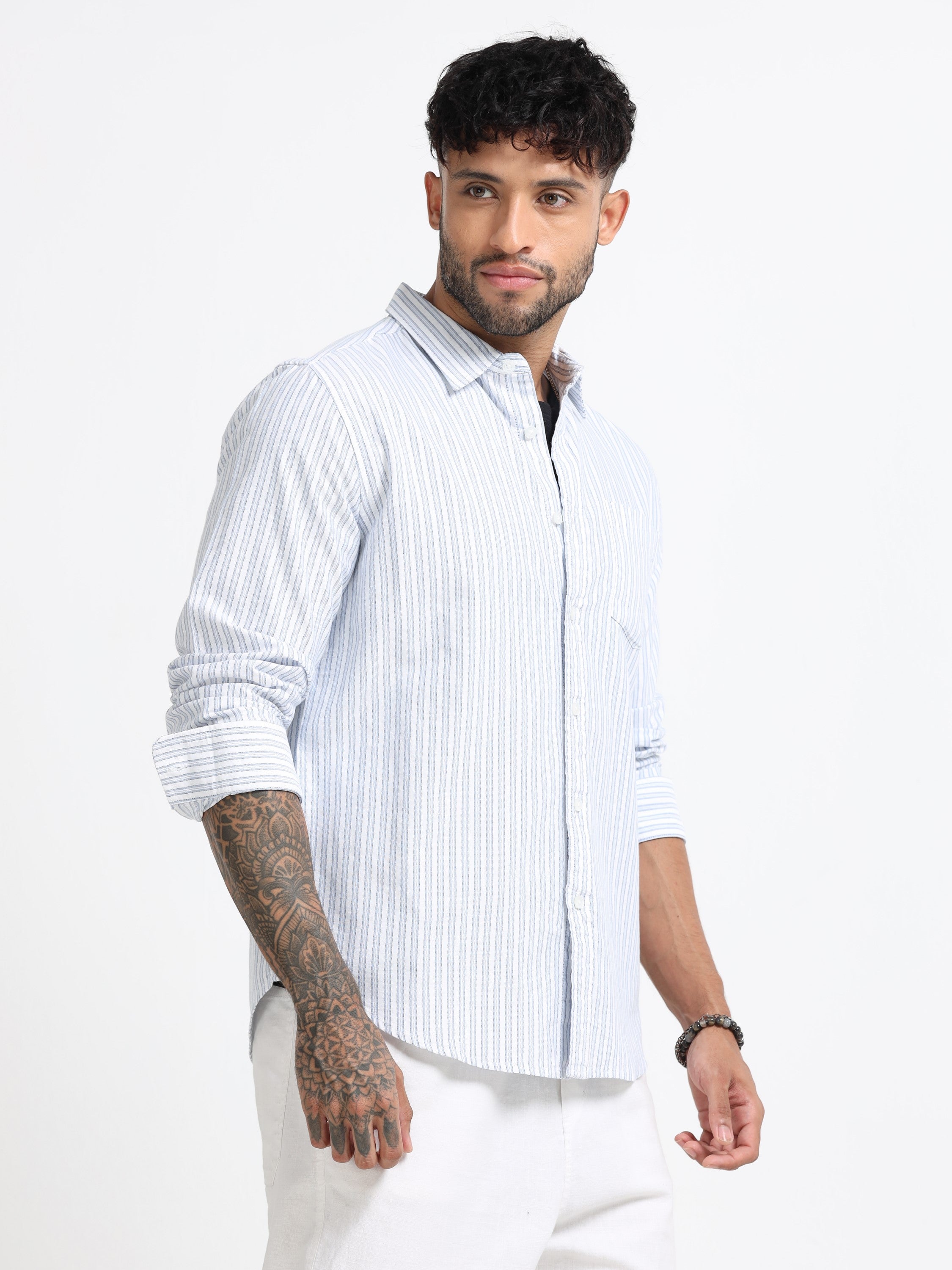 Men Blue & White Stripe Shirt