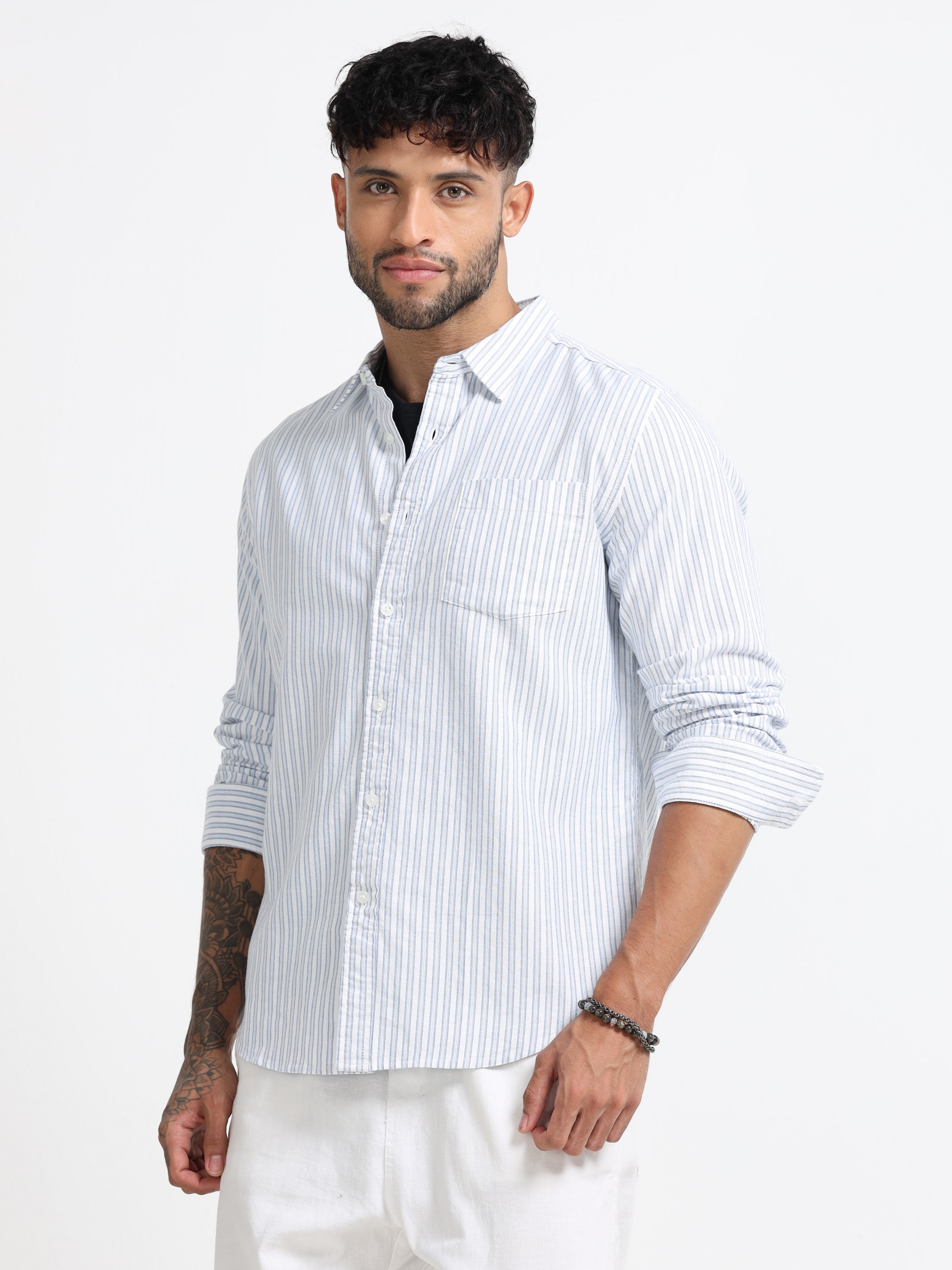 Men Blue & White Stripe Shirt