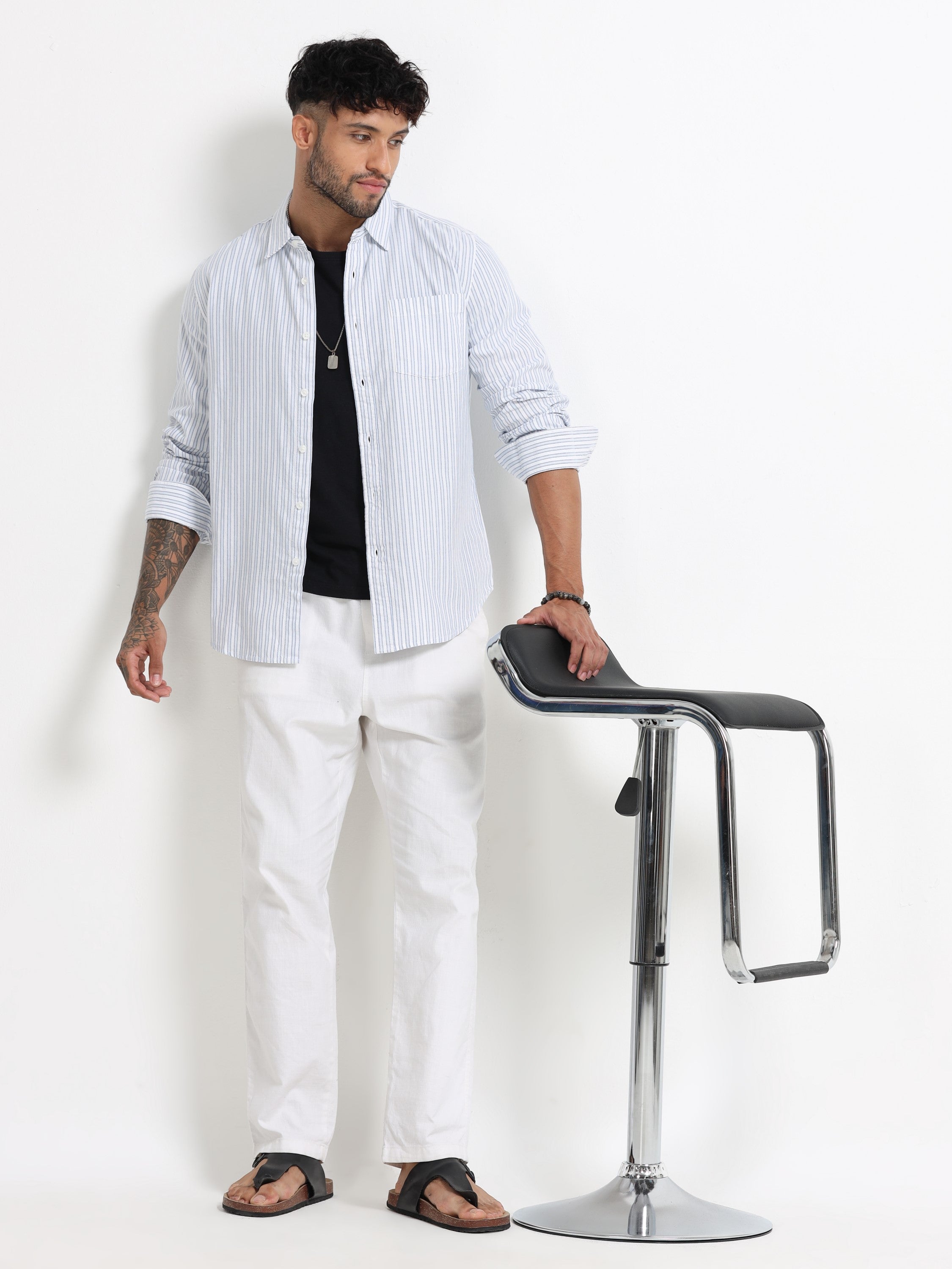 Men Blue & White Stripe Shirt