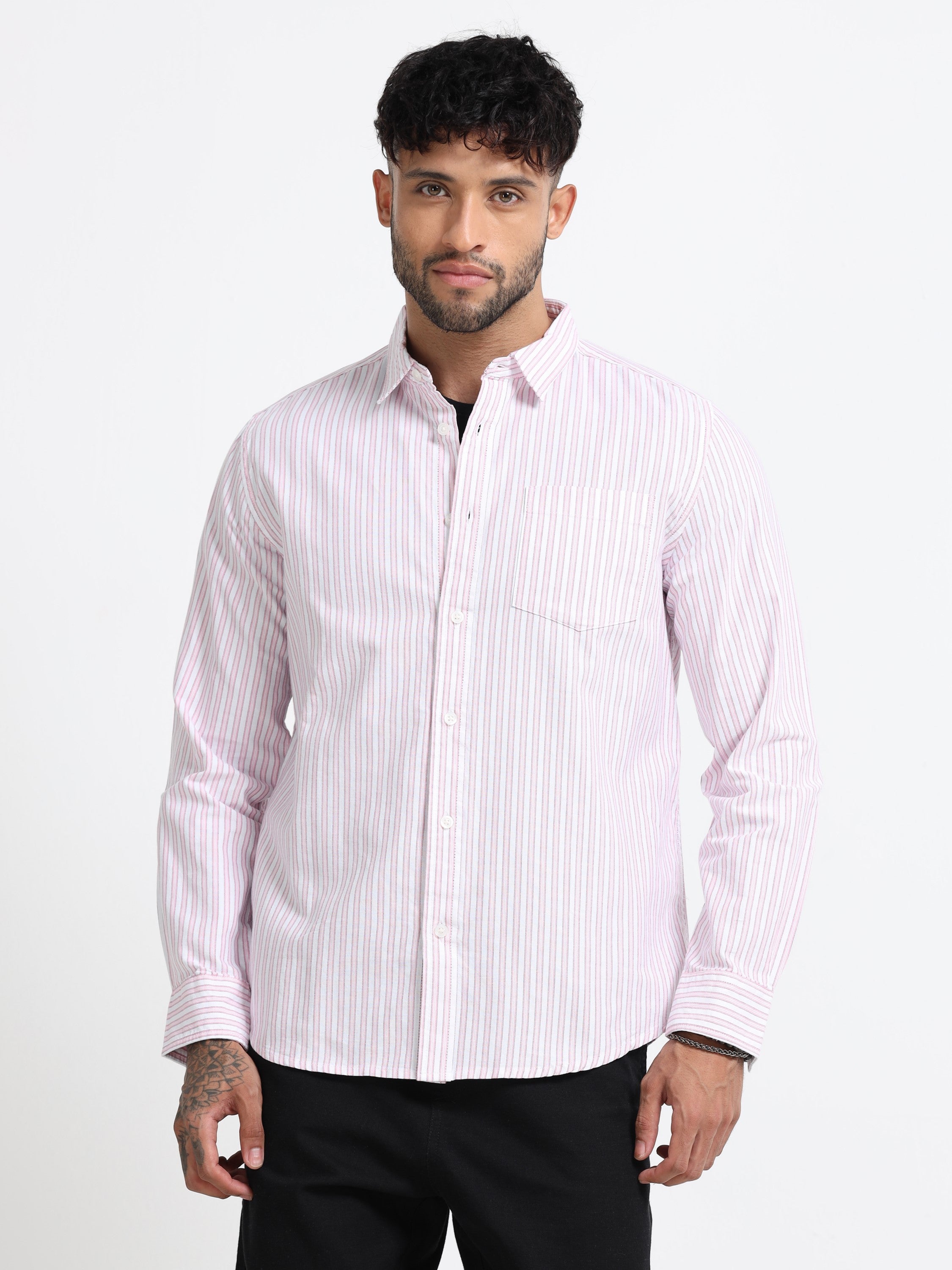 Men Pink & White Stripe Shirt