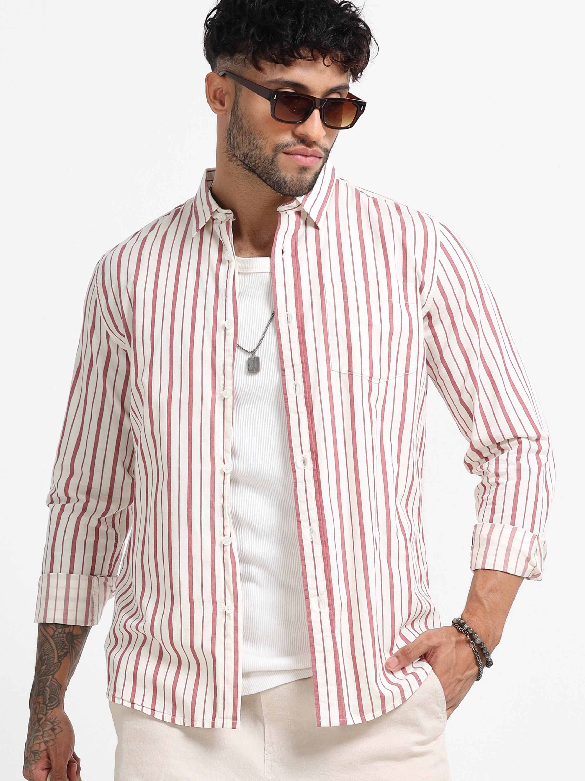 Men Maroon and White Stripe Shirt