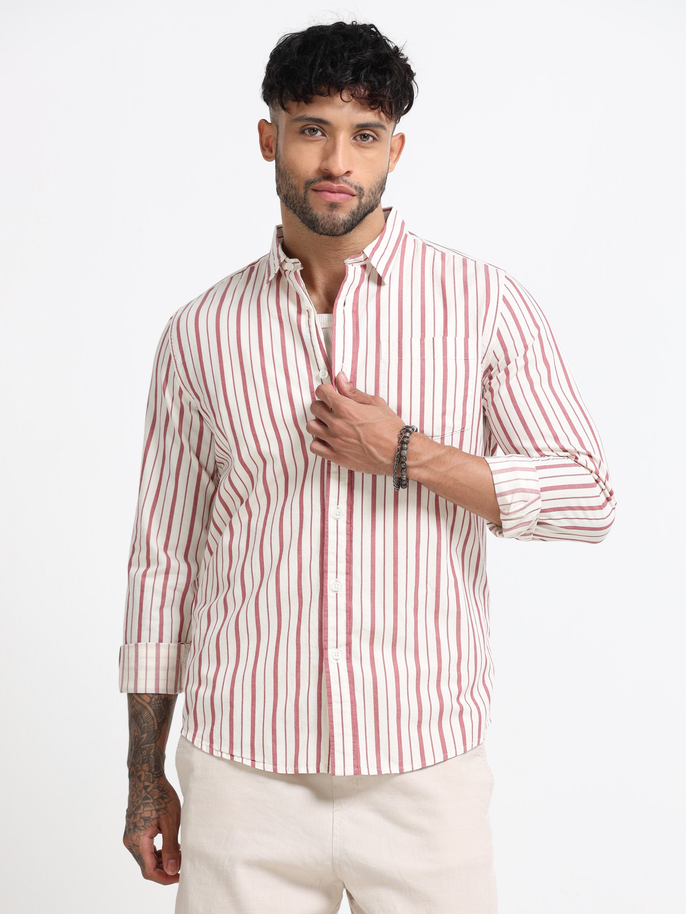 Men Maroon and White Stripe Shirt