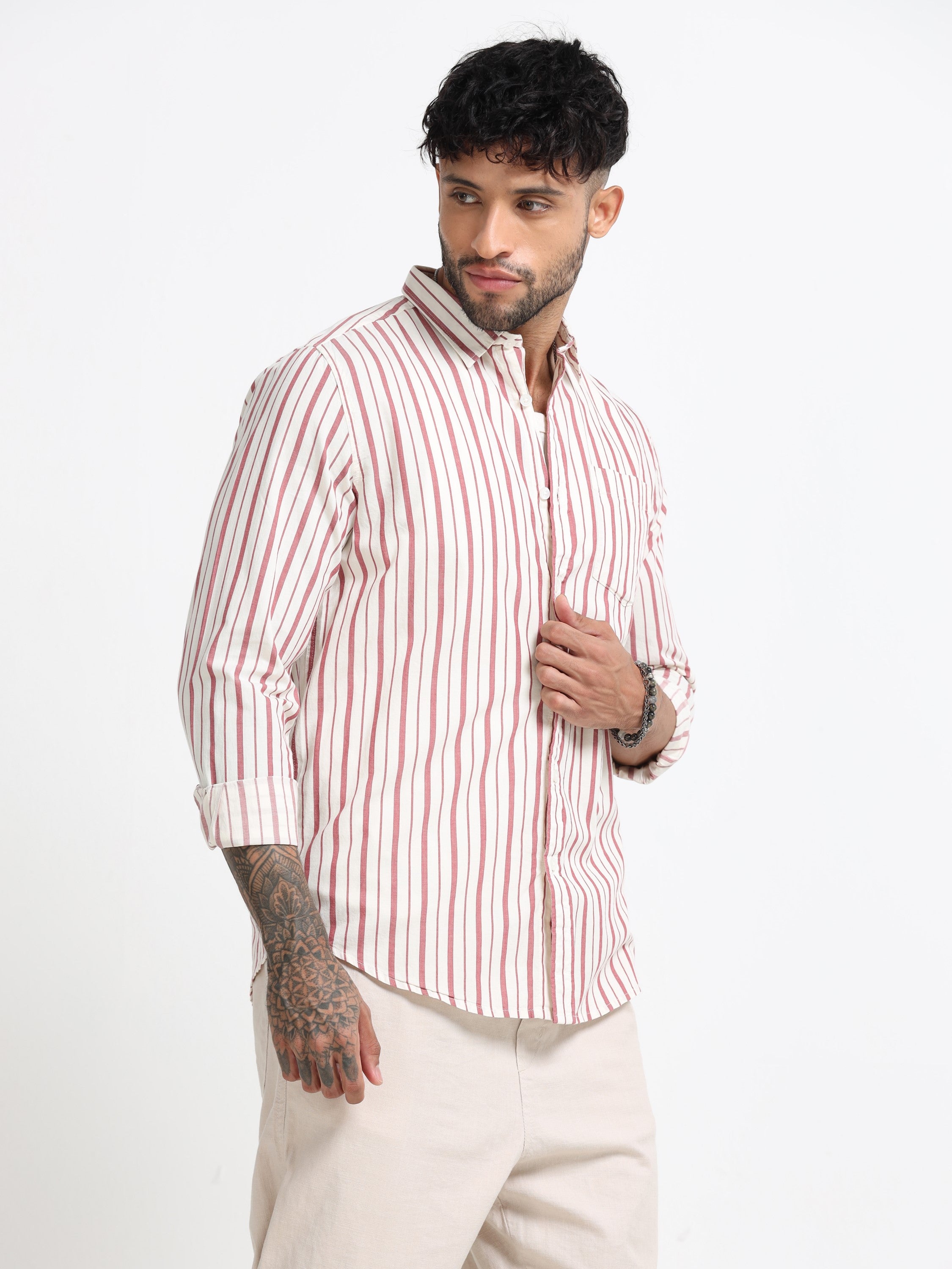 Men Maroon and White Stripe Shirt