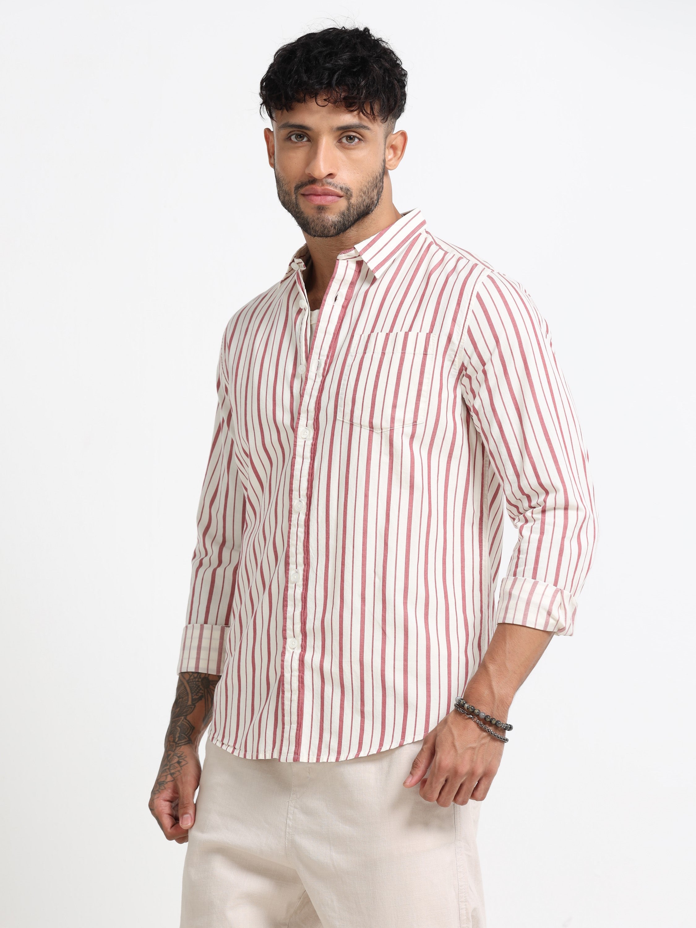 Men Maroon and White Stripe Shirt