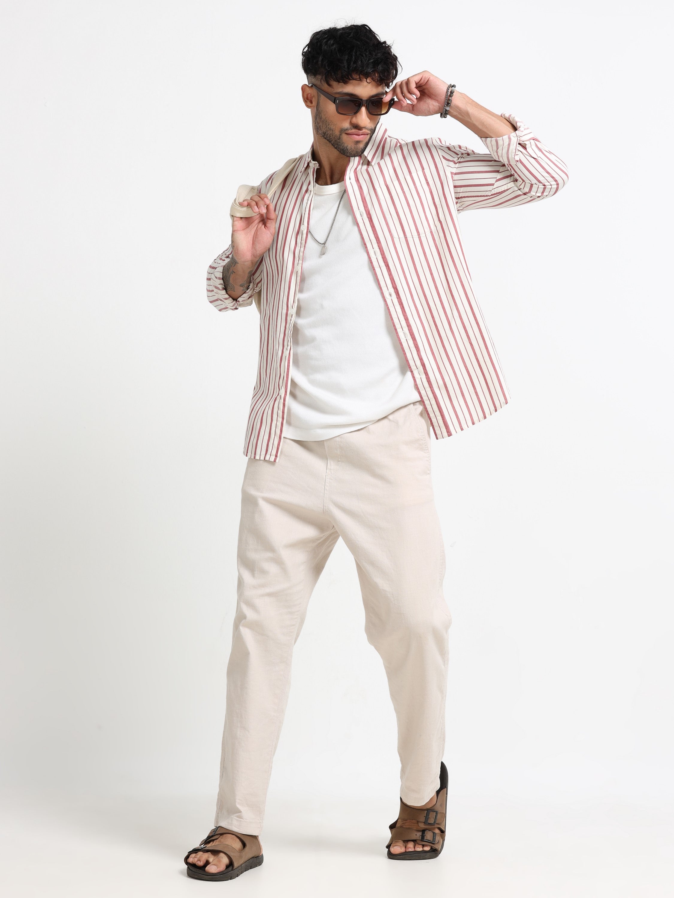 Men Maroon and White Stripe Shirt