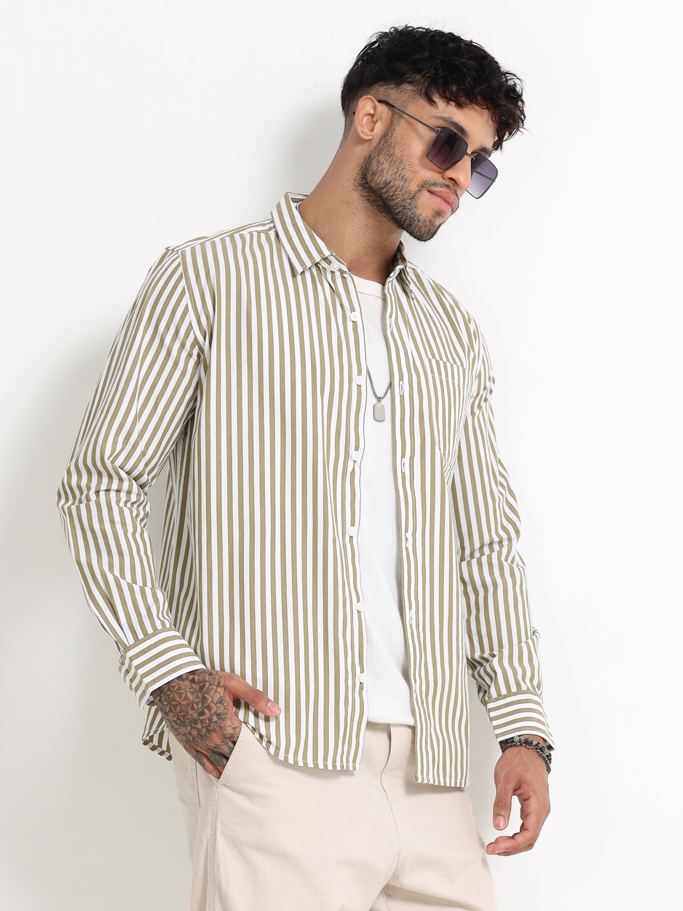 Men Olive & White Stripe Shirt