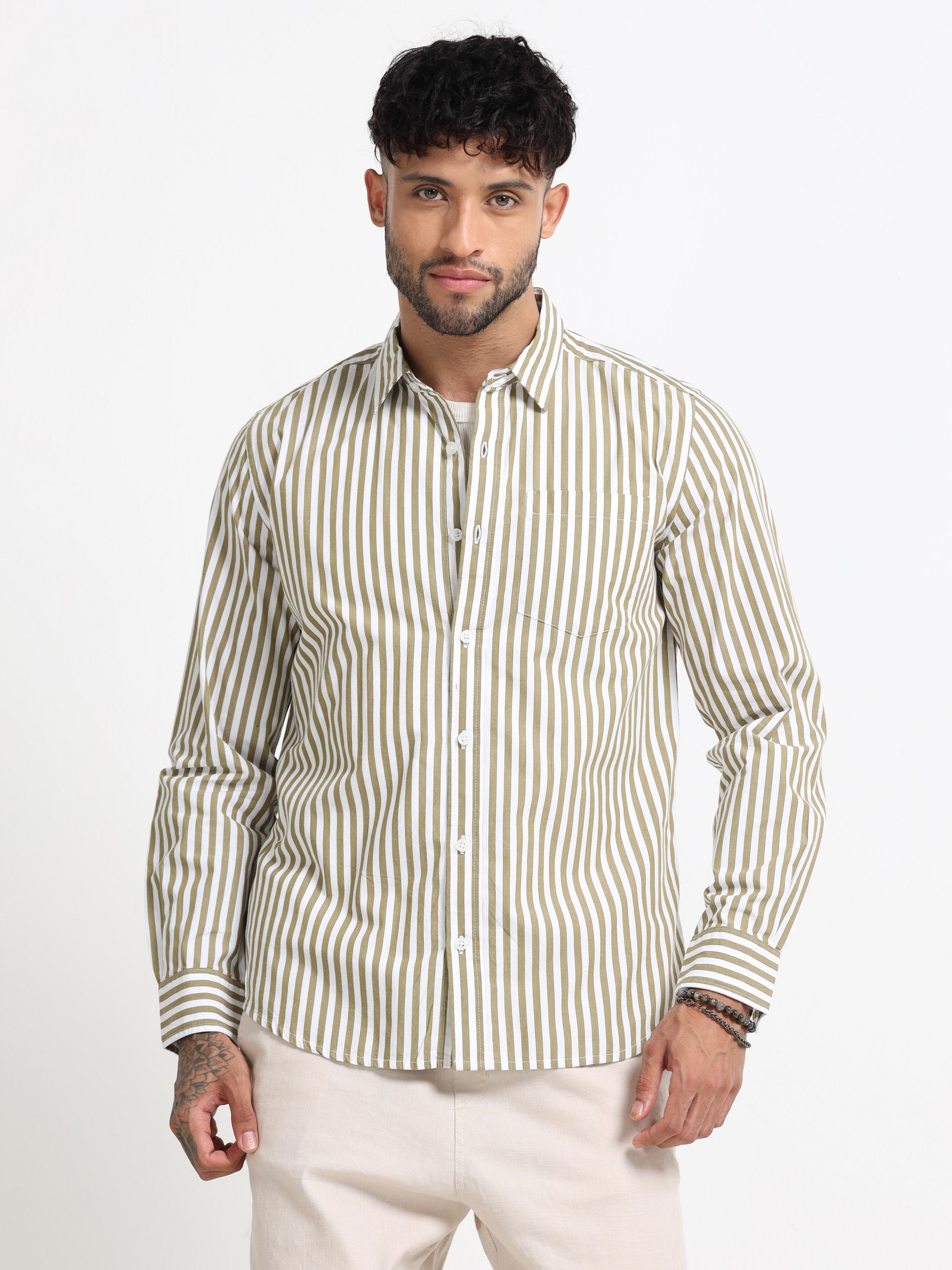 Men Olive & White Stripe Shirt