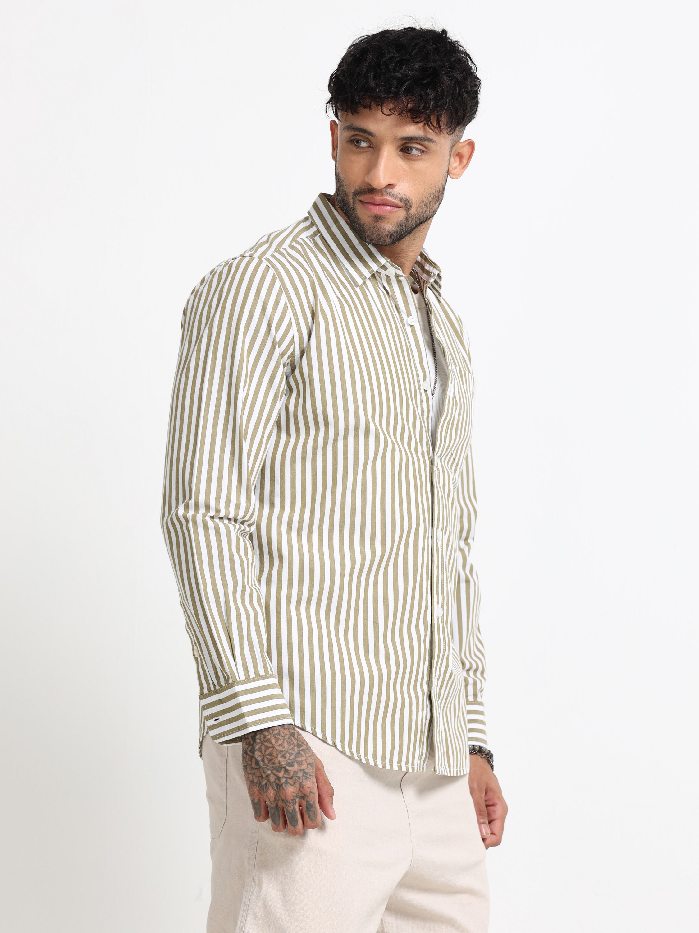 Men Olive & White Stripe Shirt