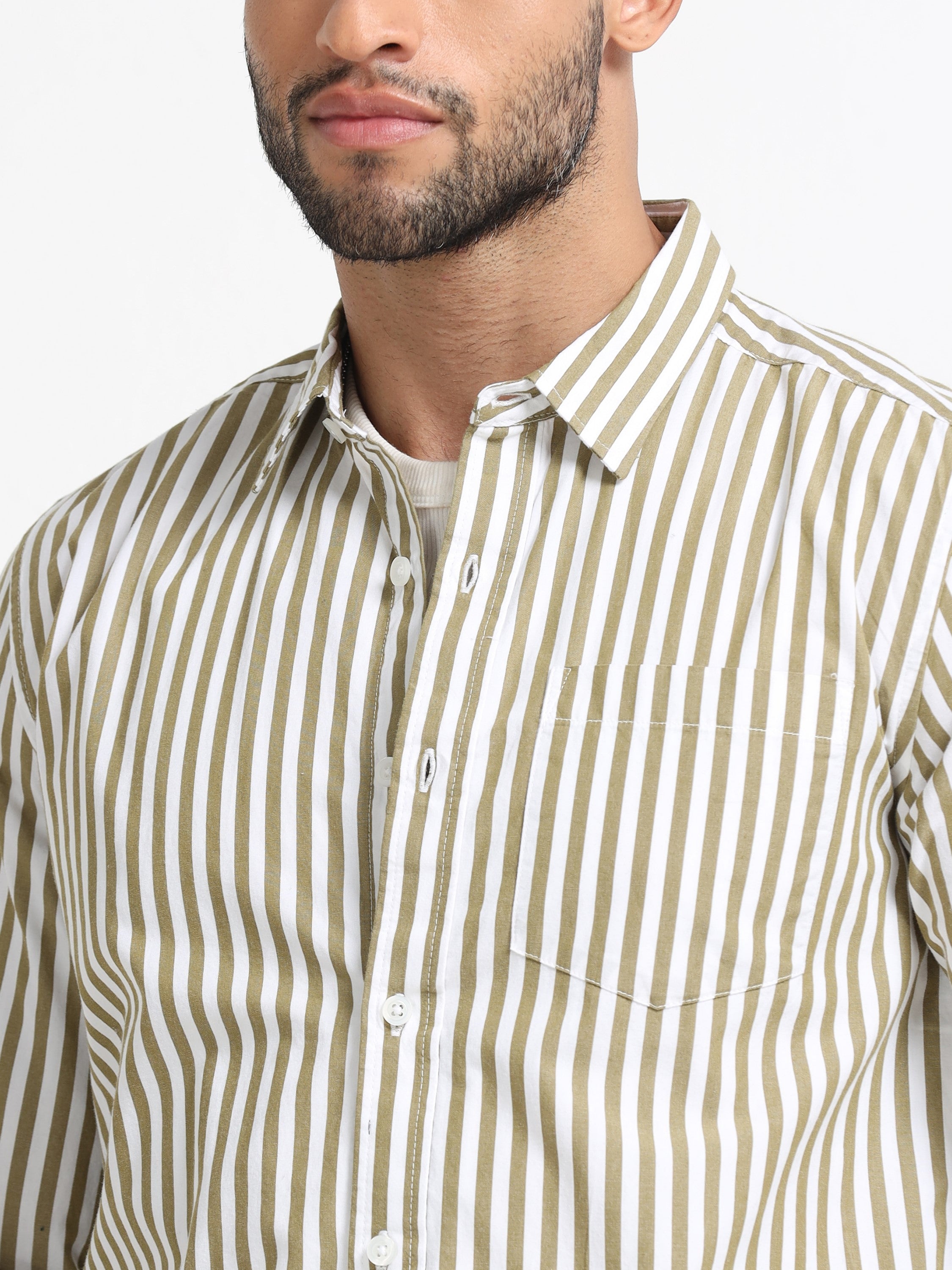 Men Olive & White Stripe Shirt