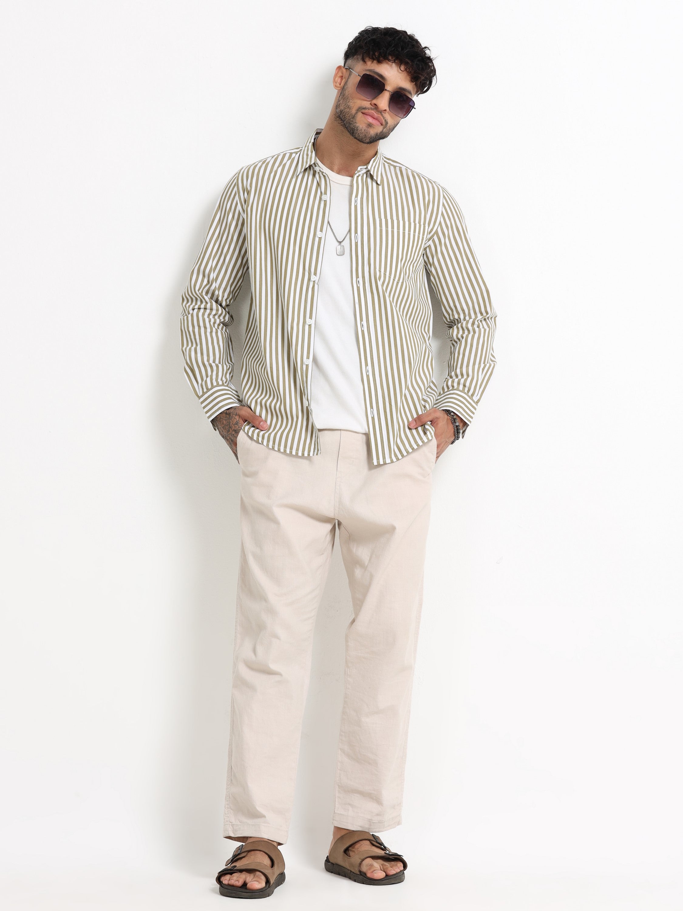 Men Olive & White Stripe Shirt