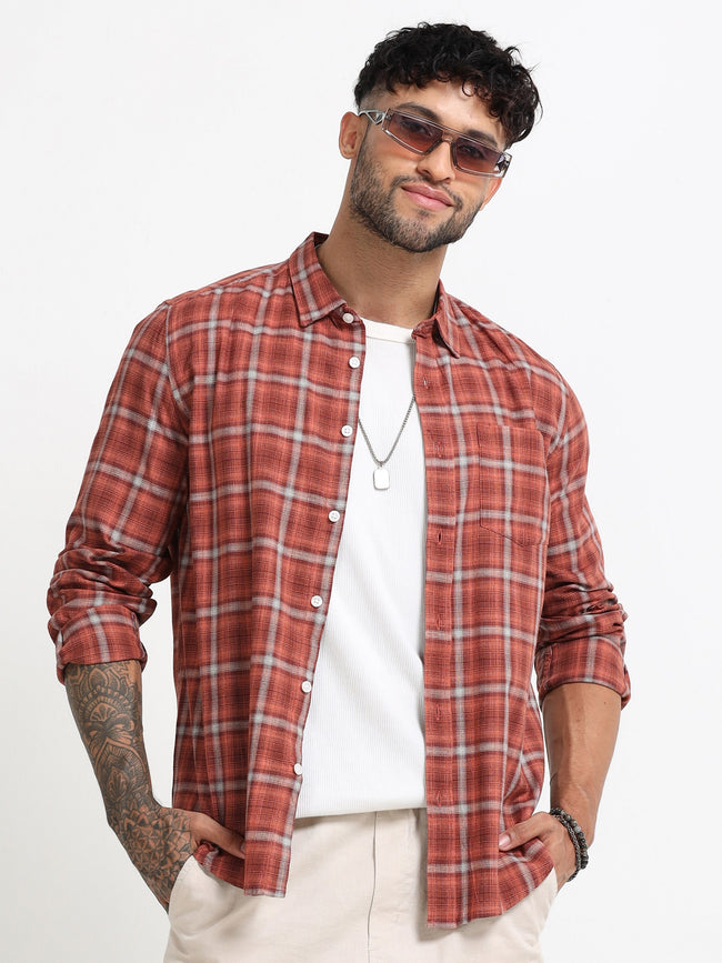 Men Orange Check  Shirt