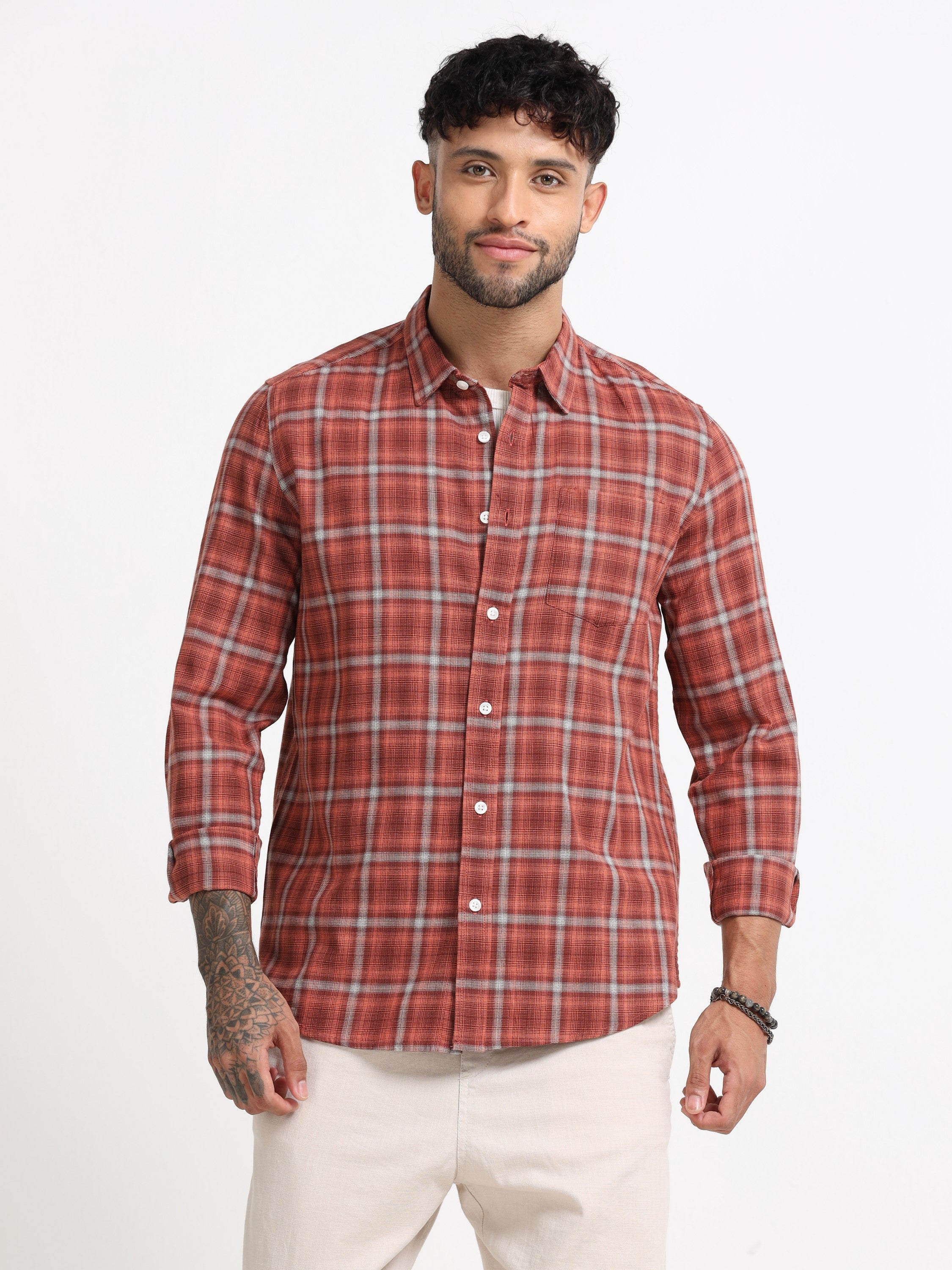 Men Orange Check  Shirt