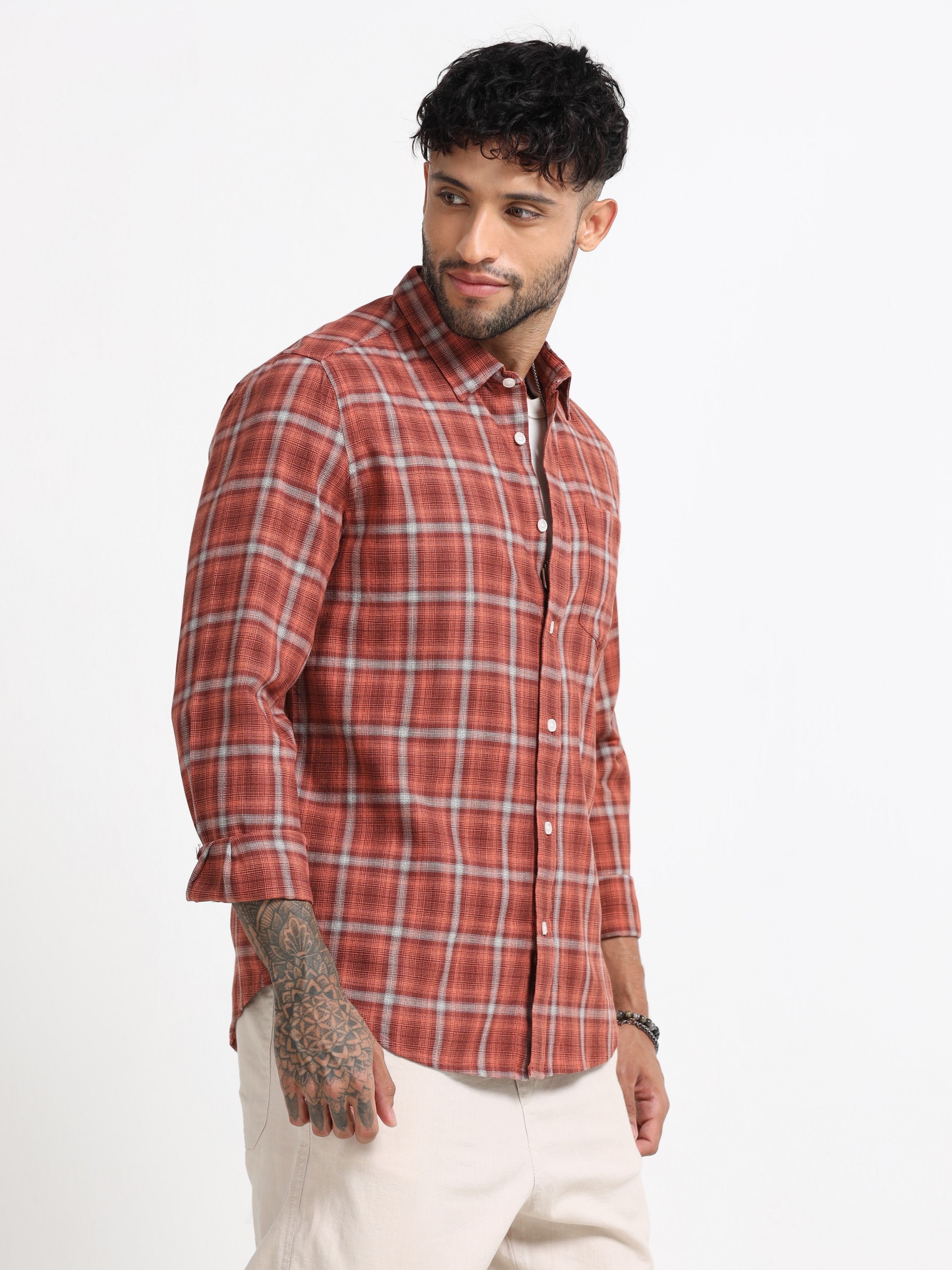 Men Orange Check  Shirt