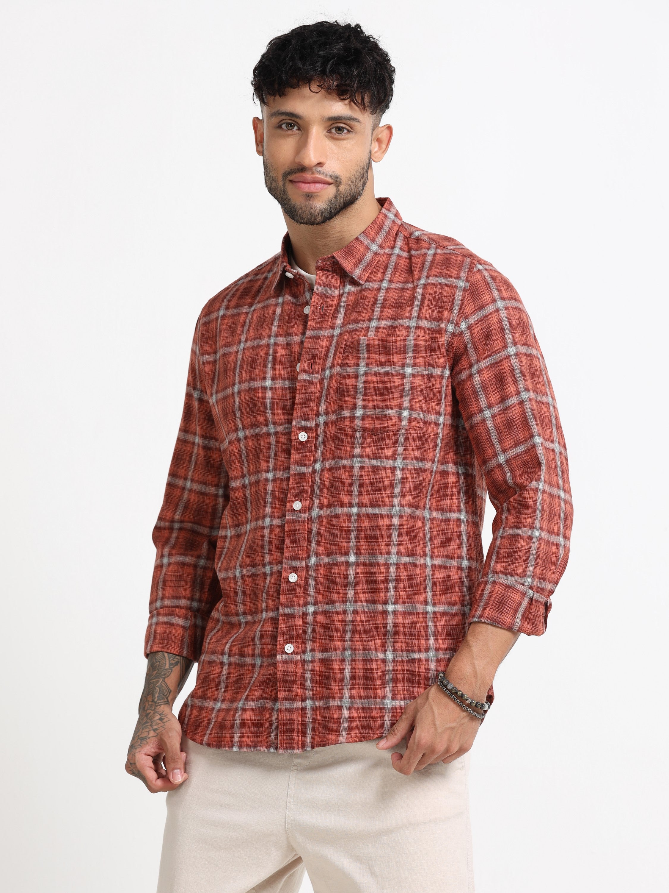Men Orange Check  Shirt