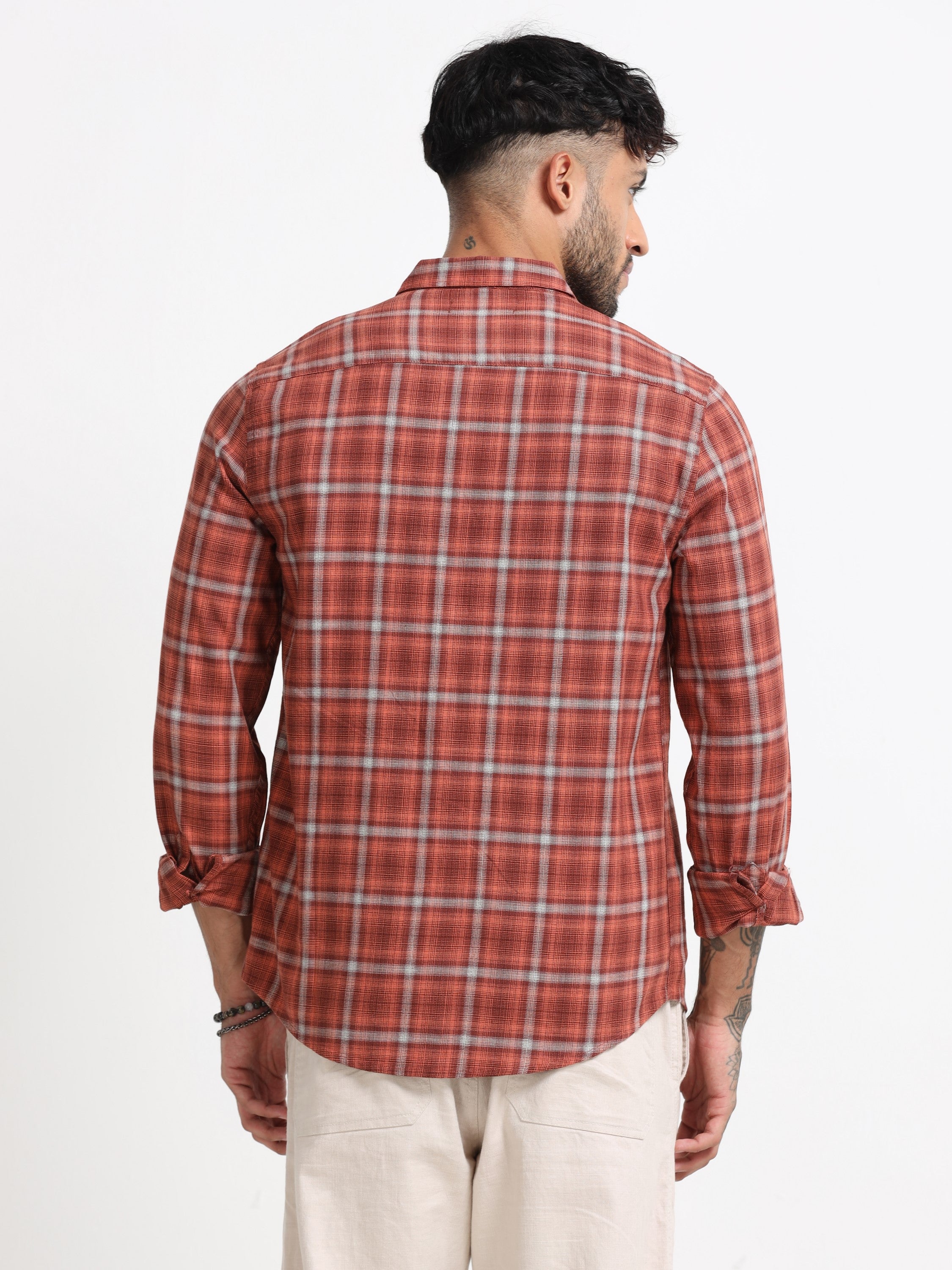 Men Orange Check  Shirt