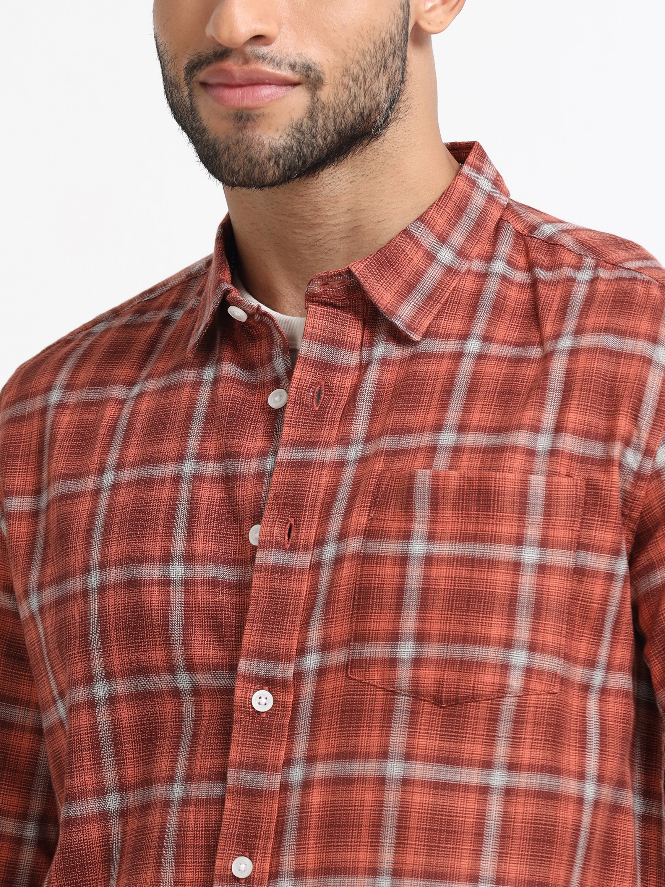 Men Orange Check  Shirt