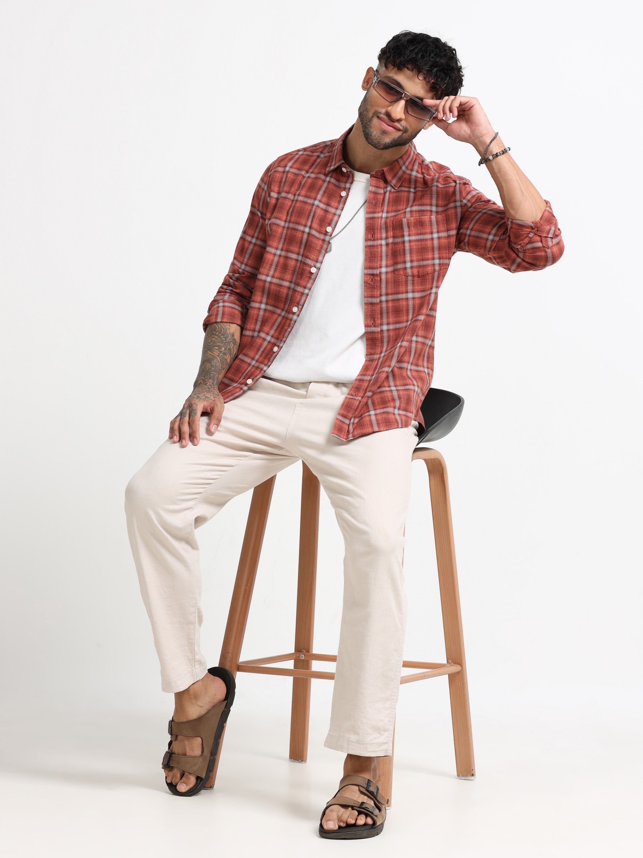 Men Orange Check  Shirt