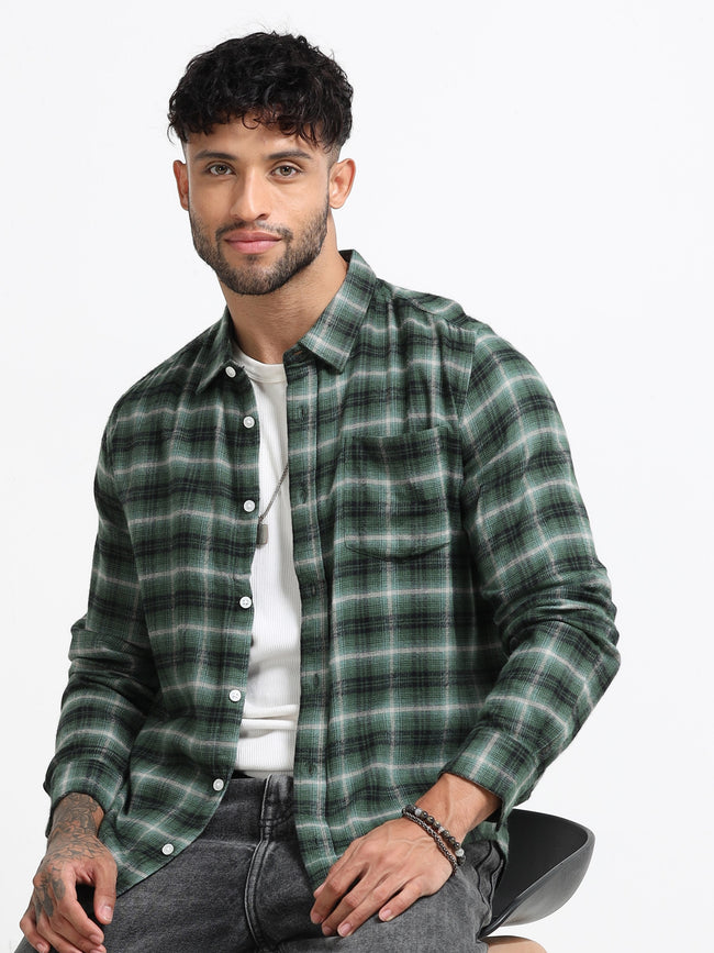 Men Green Check  Shirt