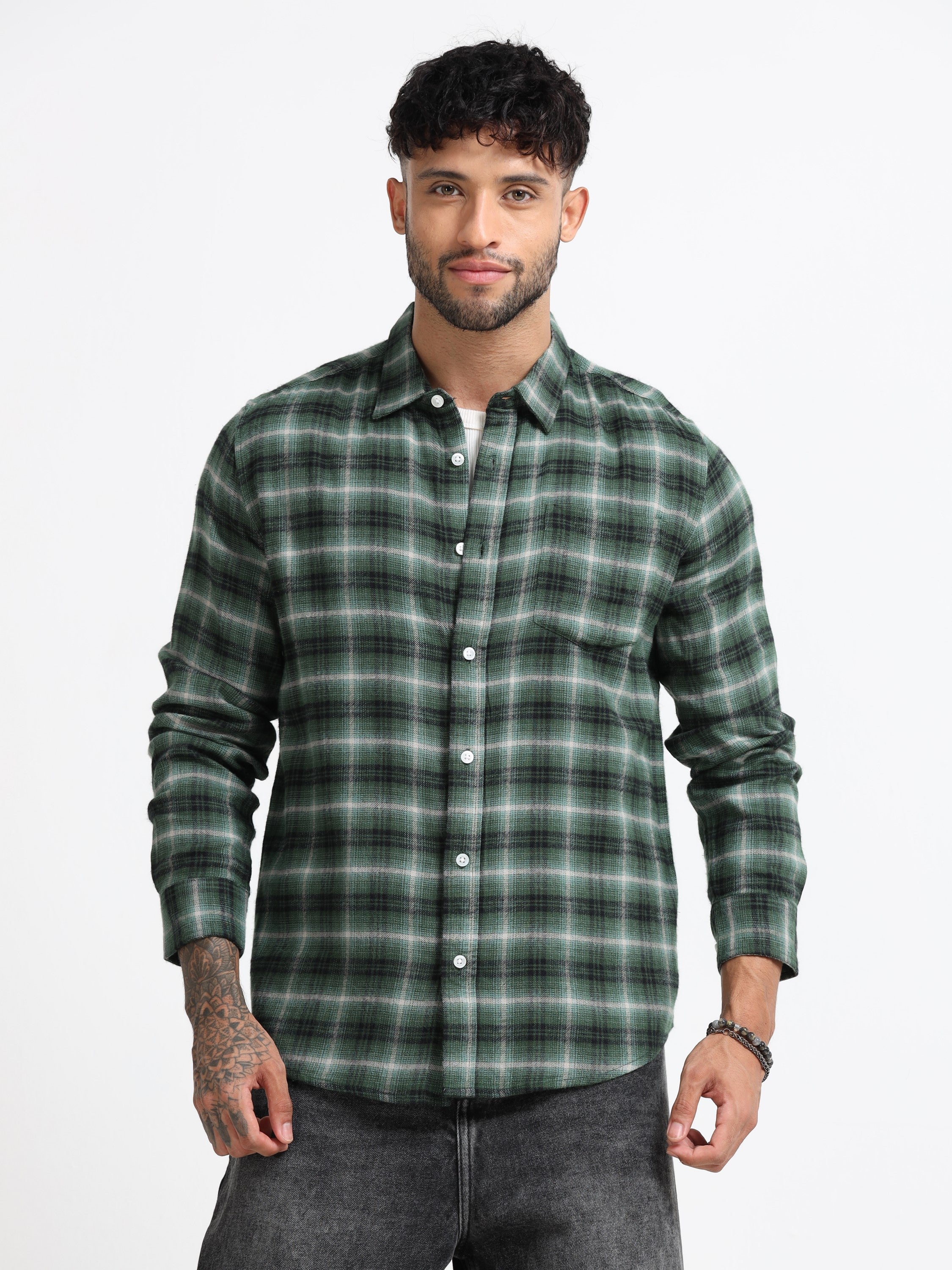 Men Green Check  Shirt