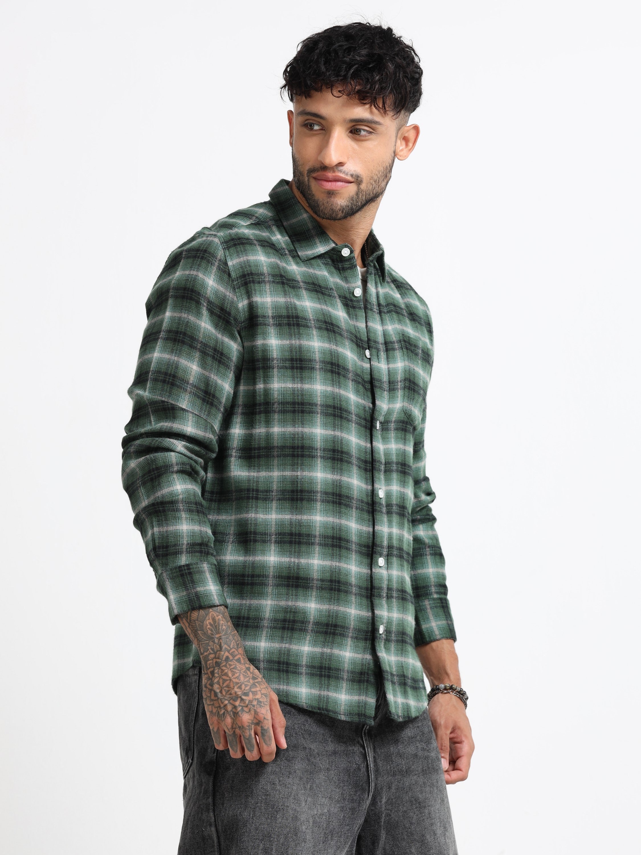 Men Green Check  Shirt