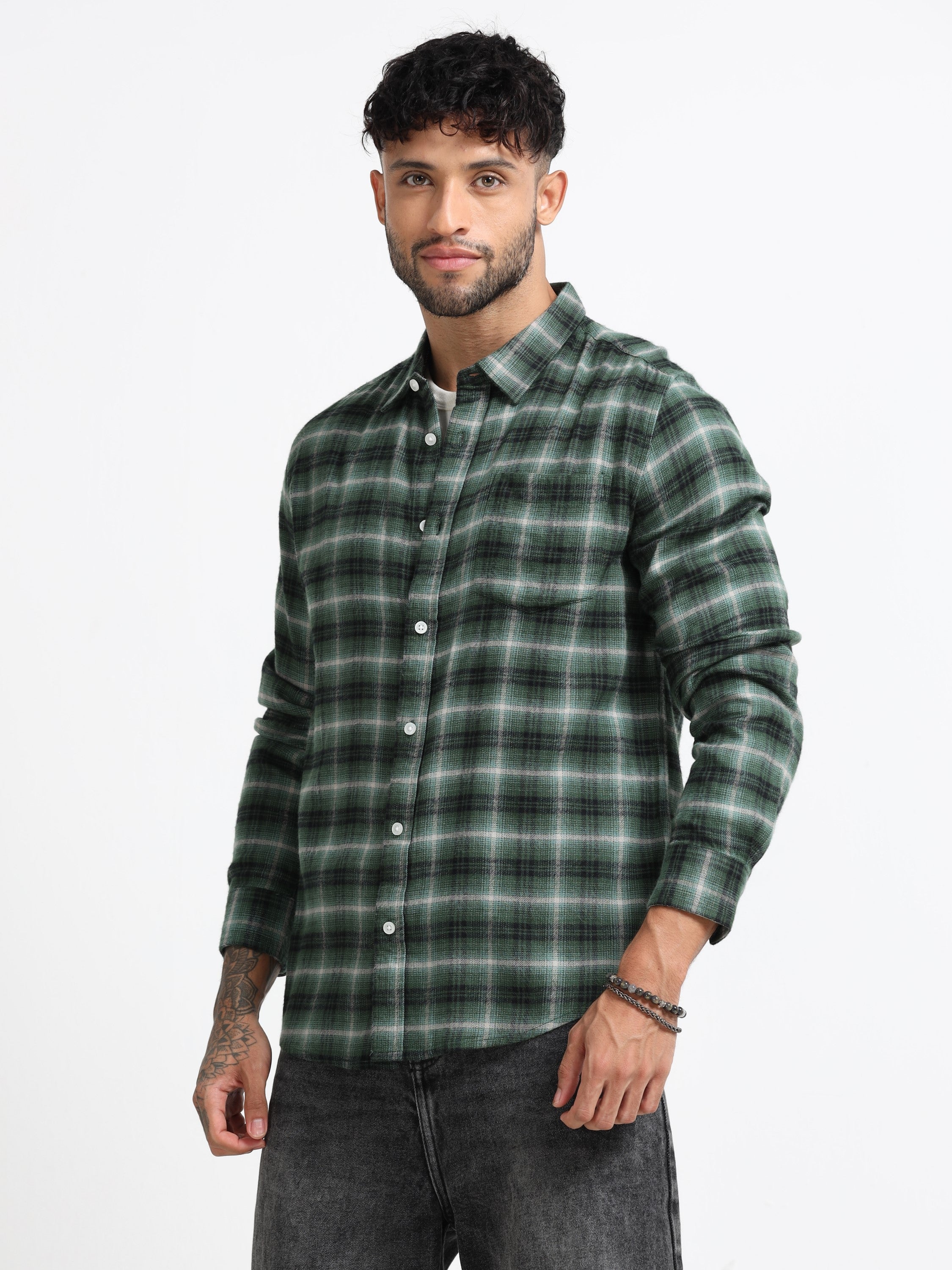 Men Green Check  Shirt