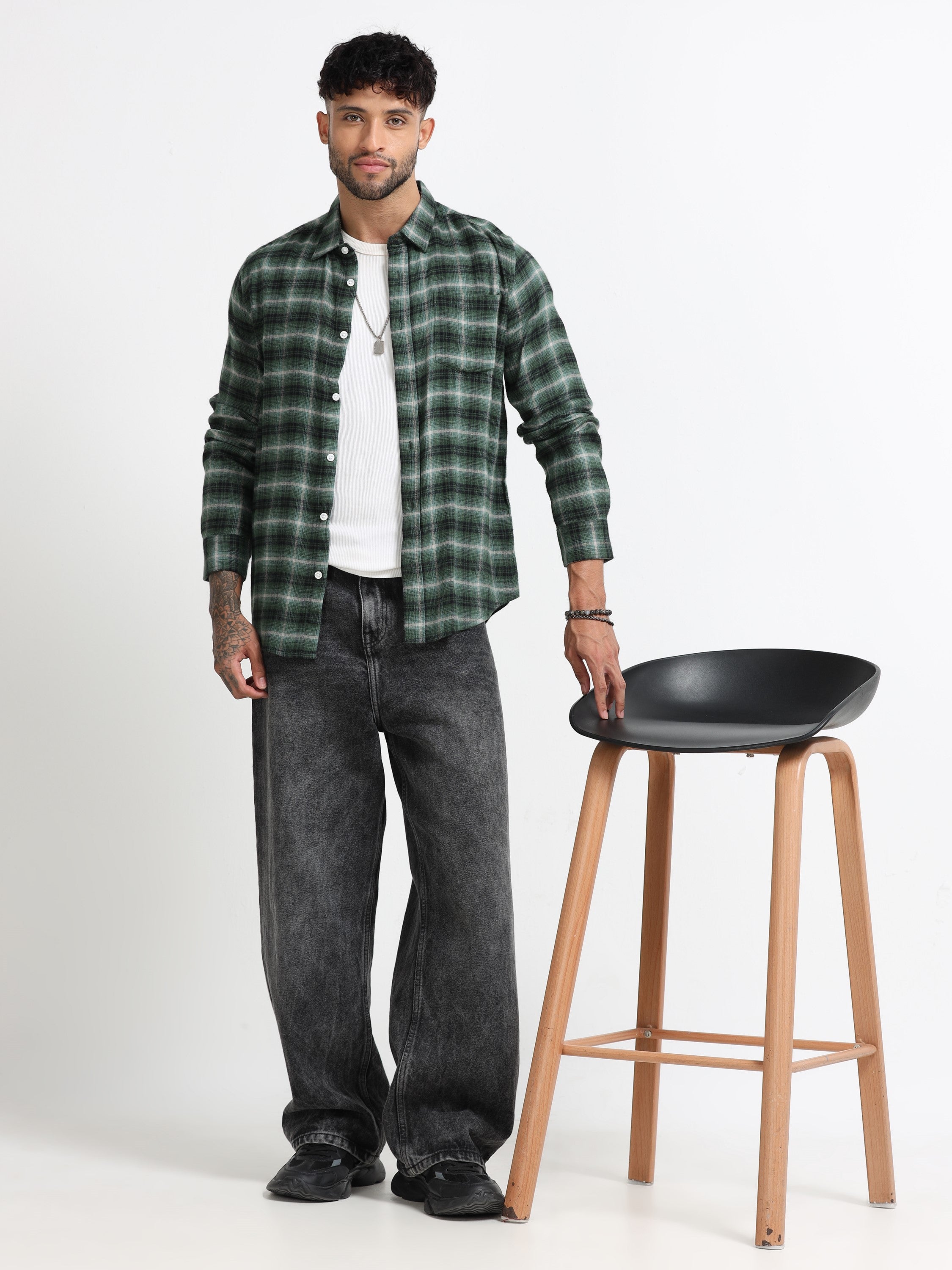 Men Green Check  Shirt