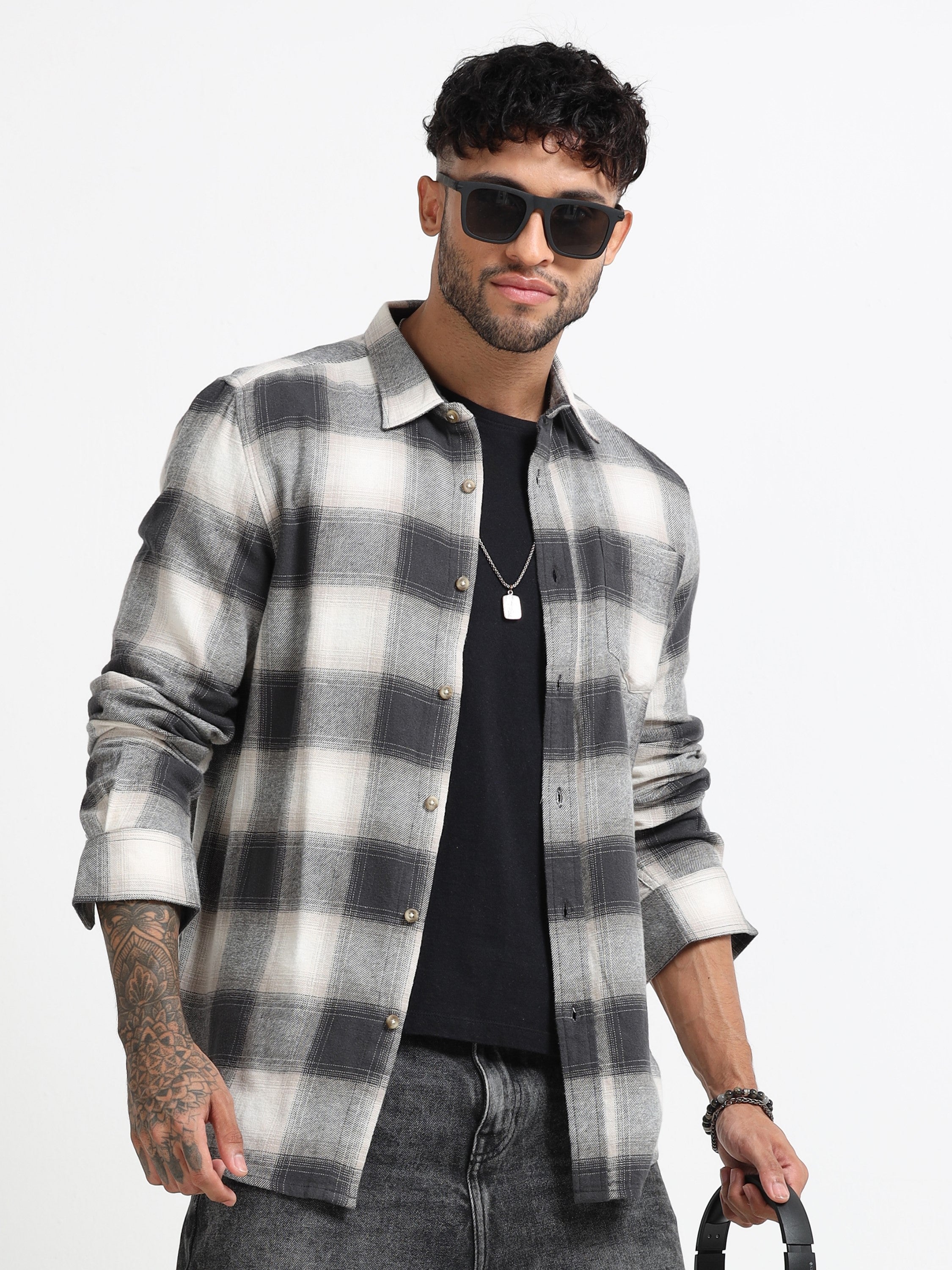 Men Grey & White Check Shirt