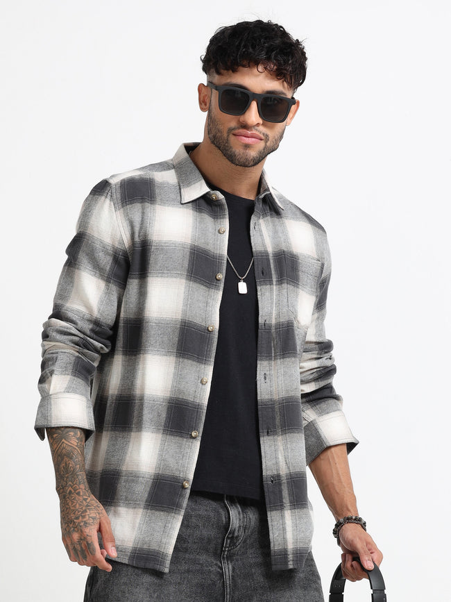 Men Grey & White Check Shirt