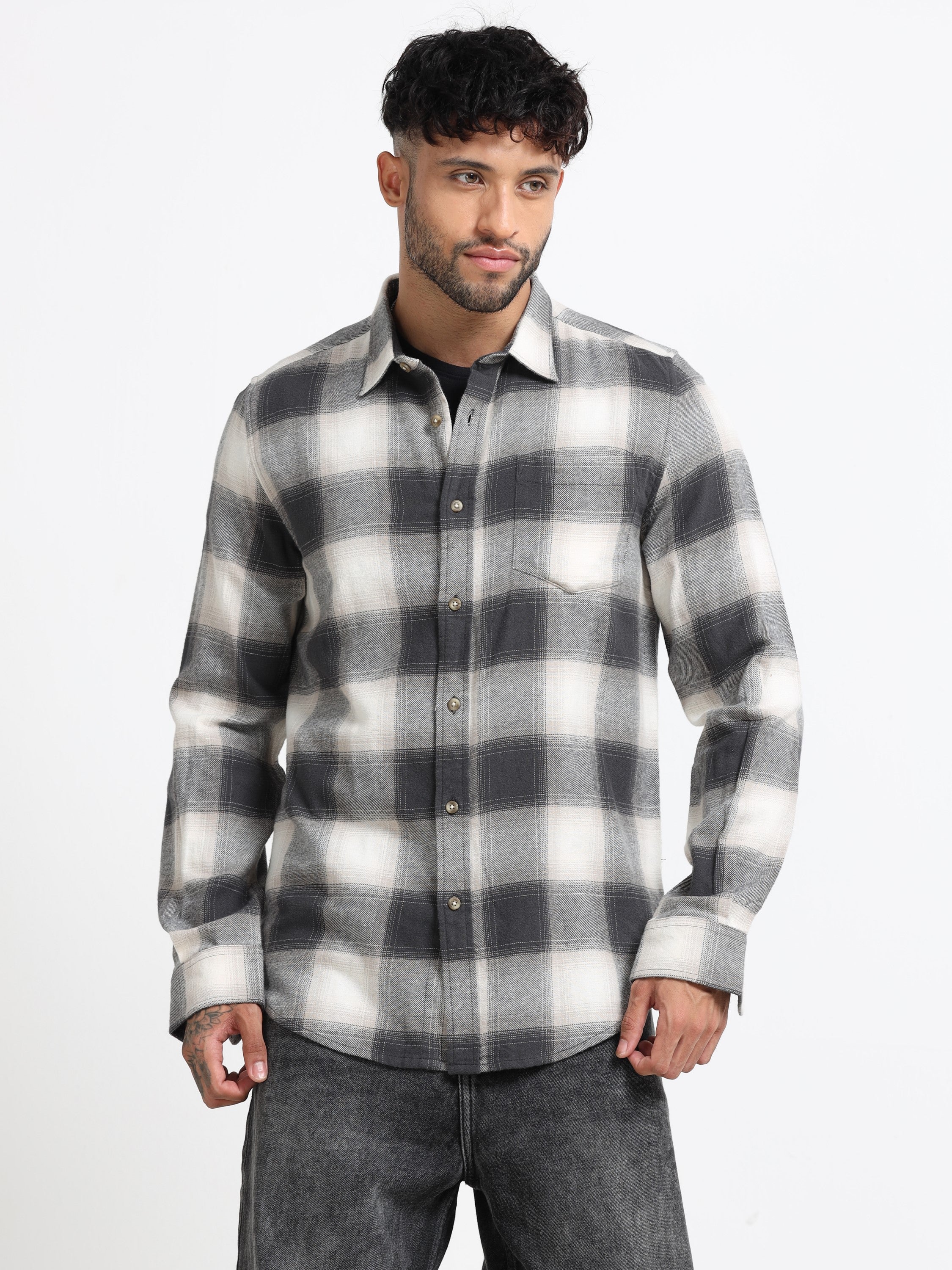 Men Grey & White Check Shirt