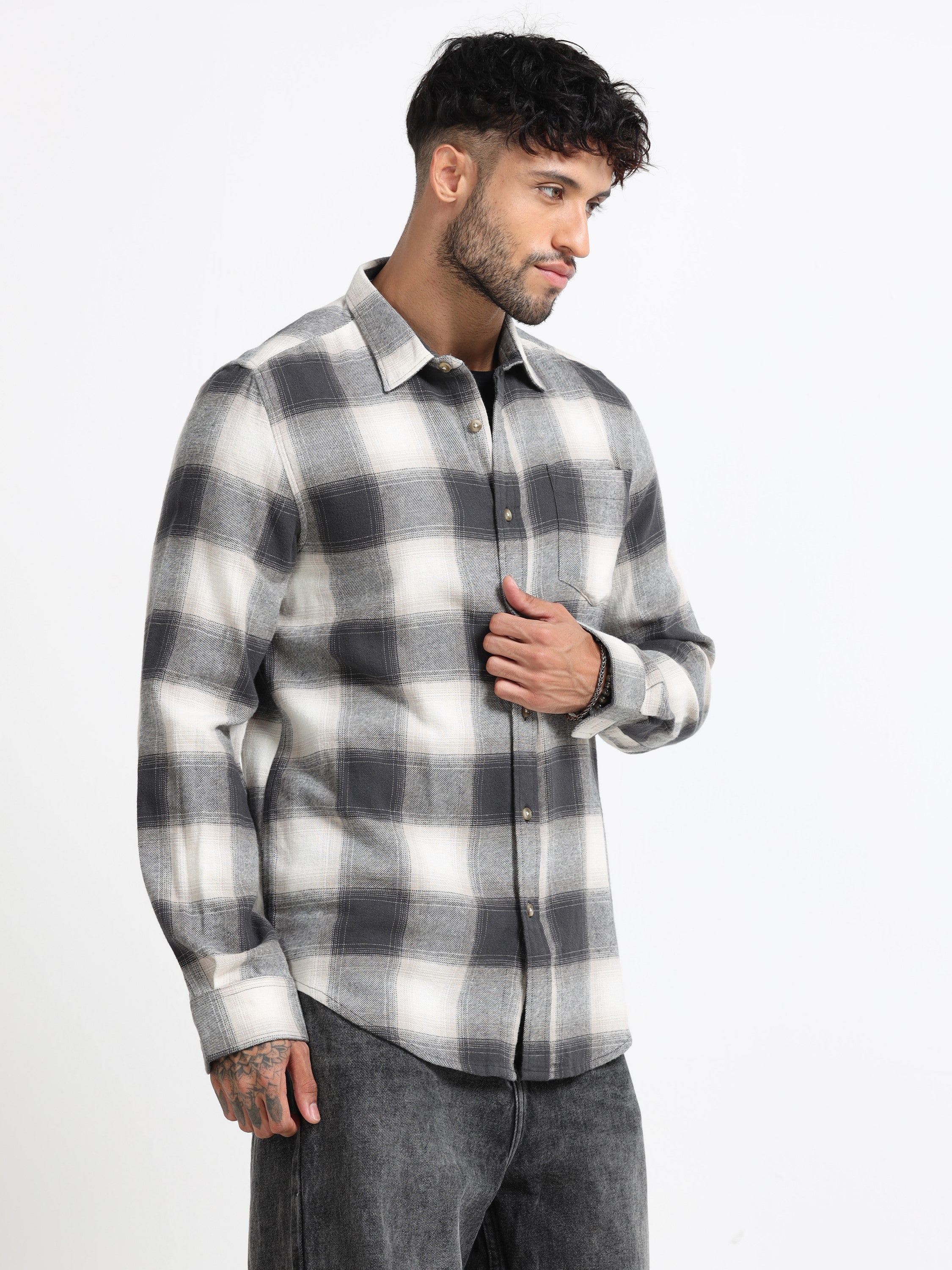 Men Grey & White Check Shirt