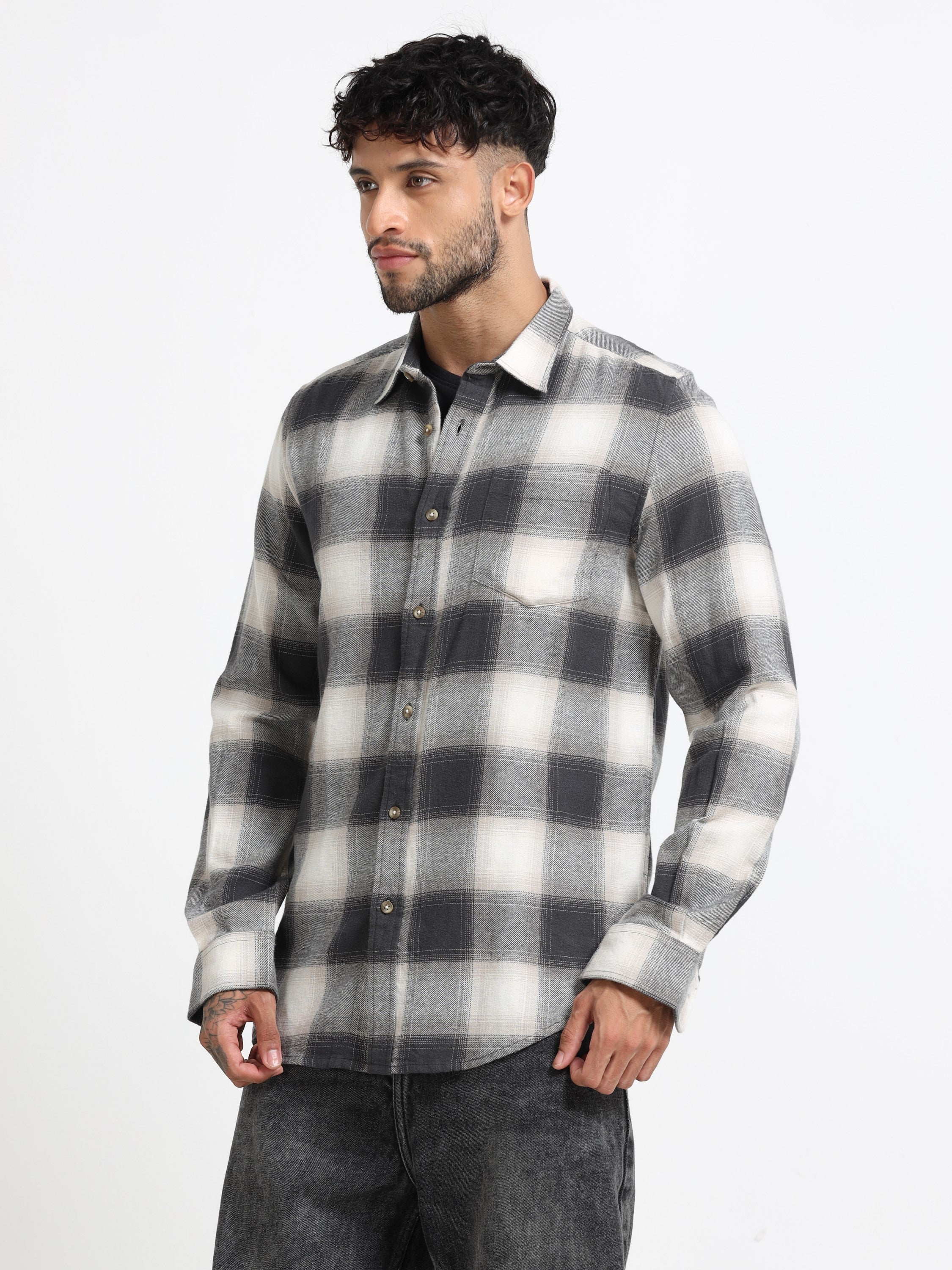 Men Grey & White Check Shirt