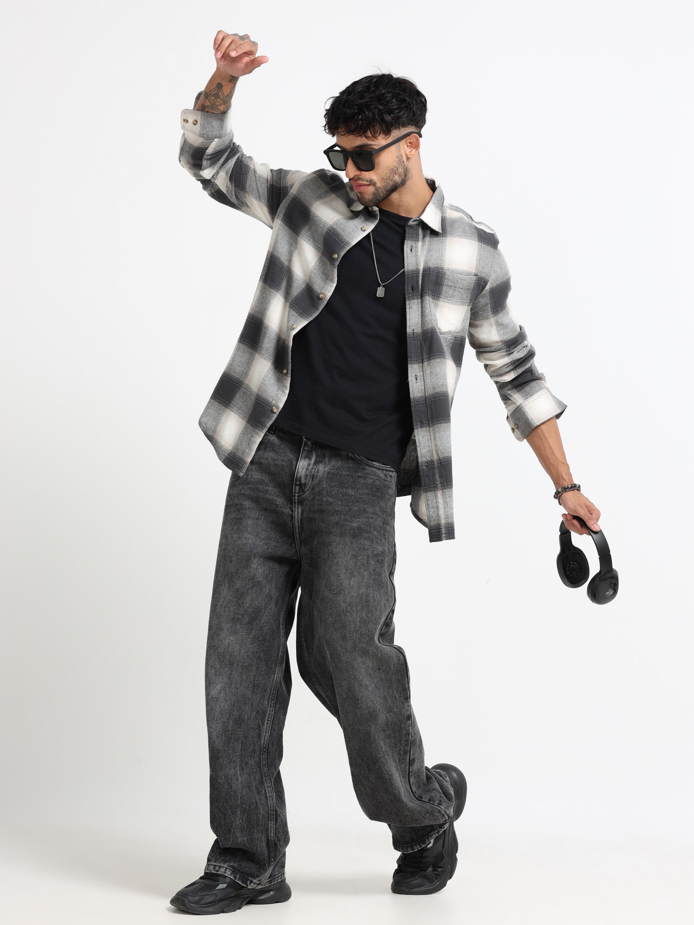 Men Grey & White Check Shirt