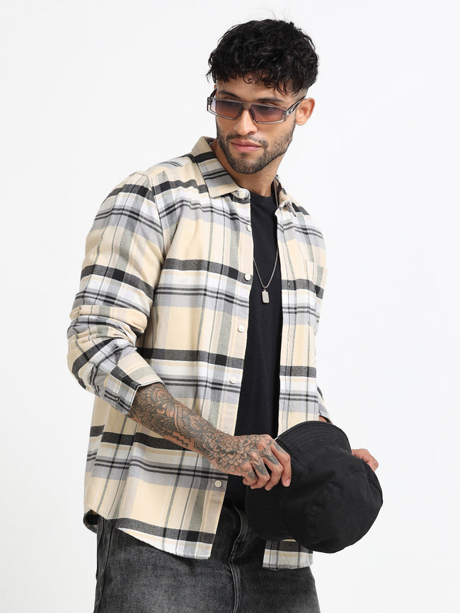 Men Cream Multi Check Shirt