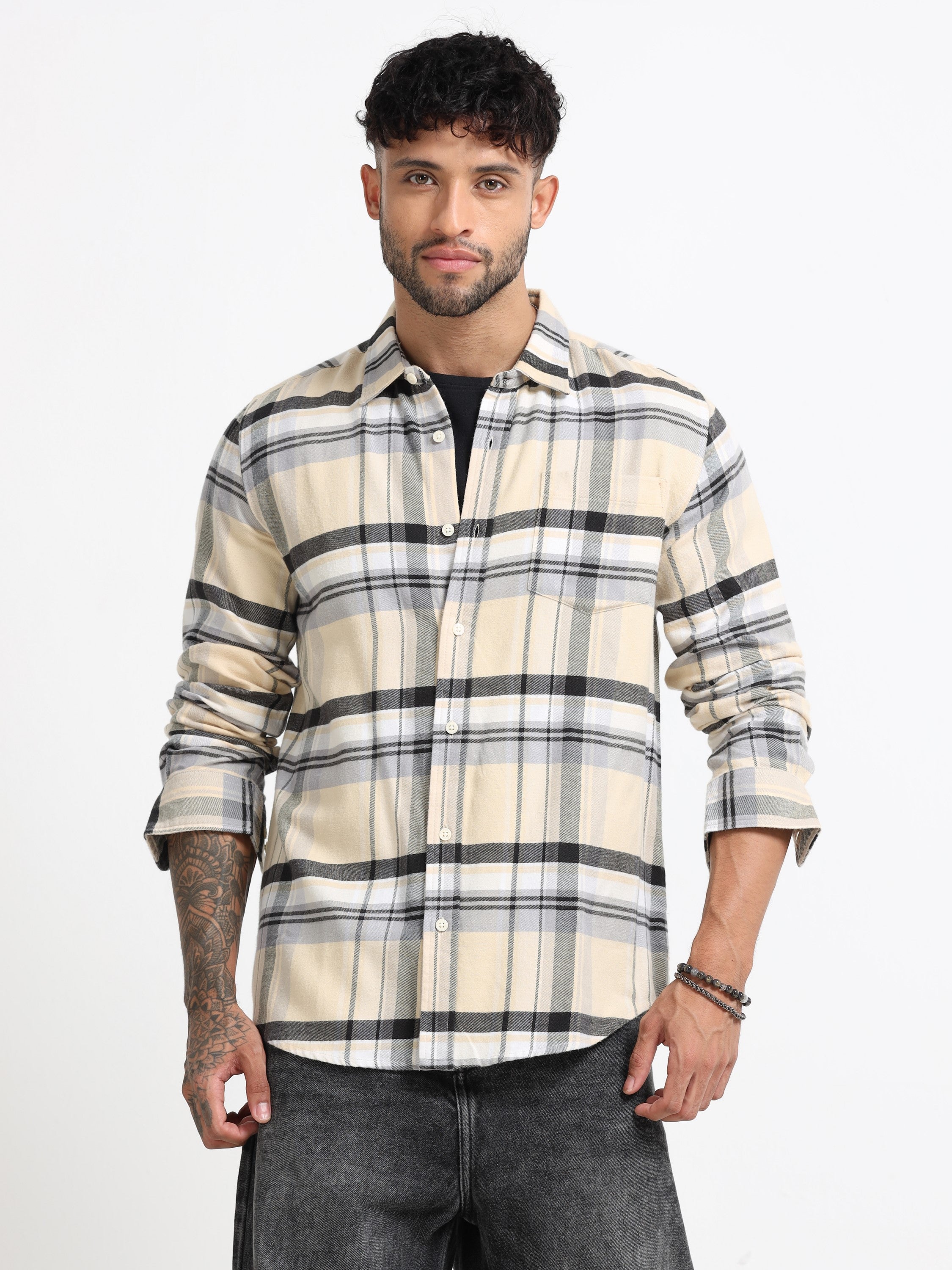 Men Cream Multi Check Shirt