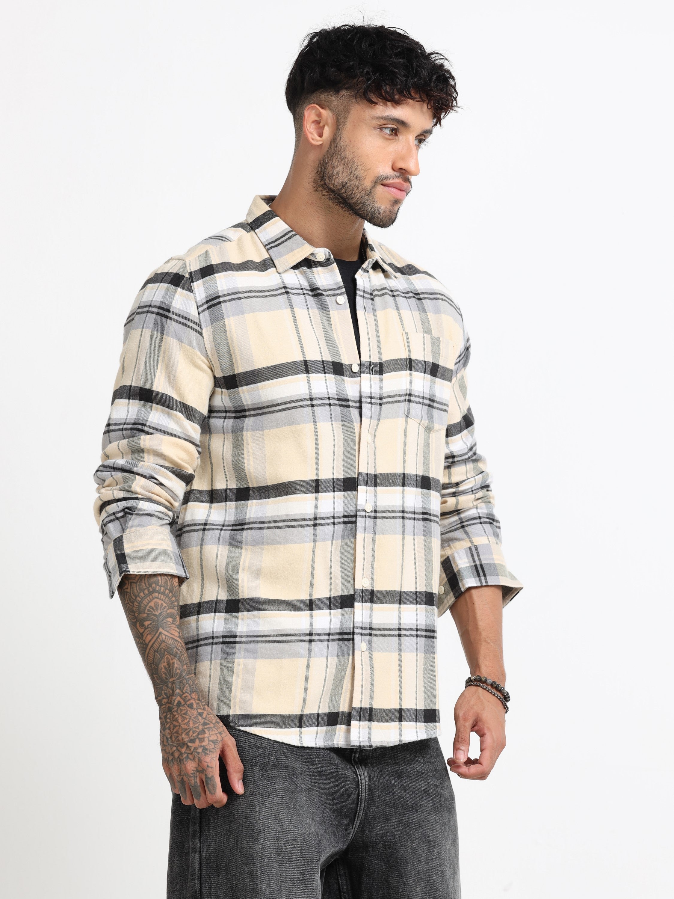 Men Cream Multi Check Shirt