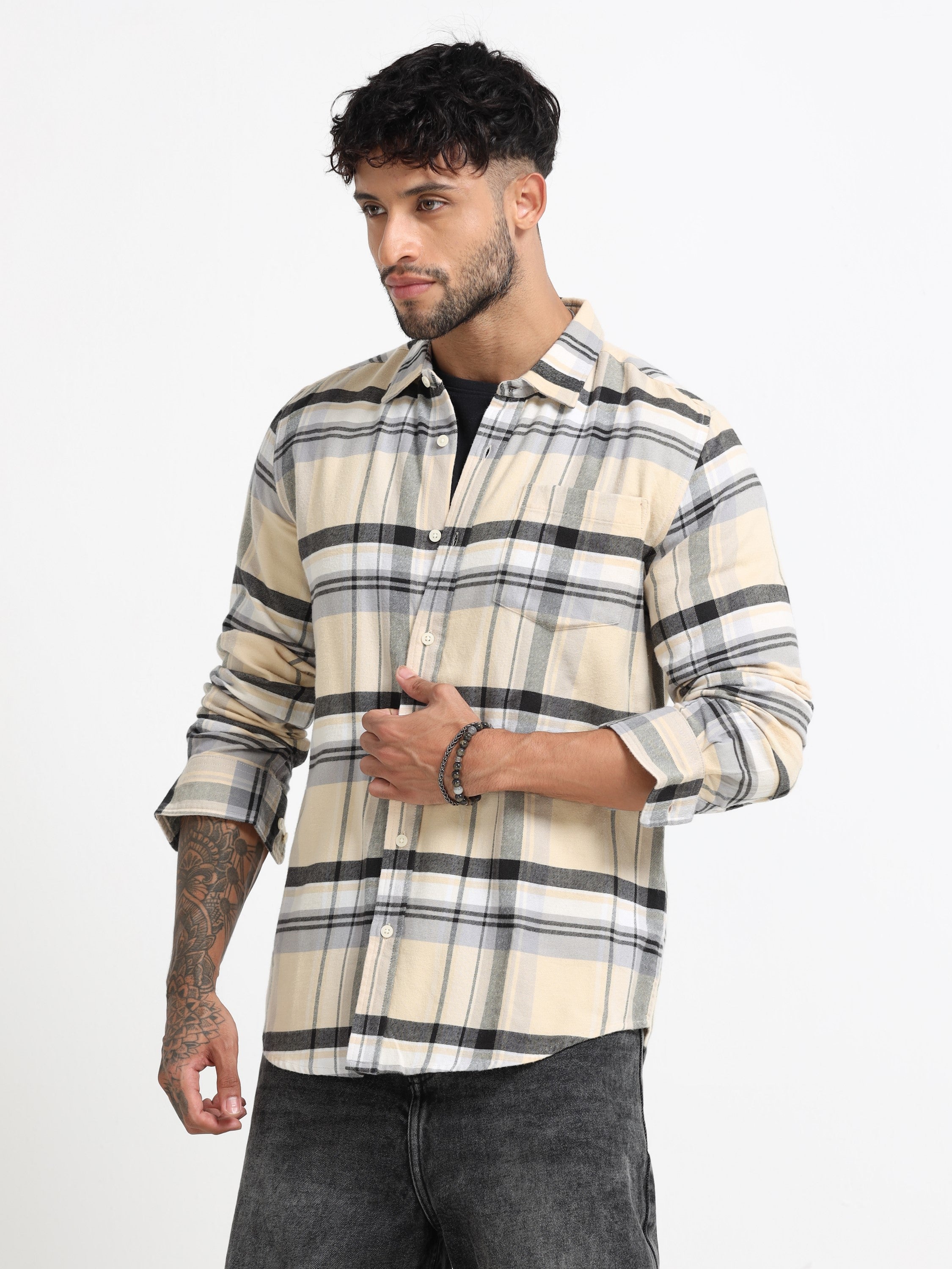 Men Cream Multi Check Shirt