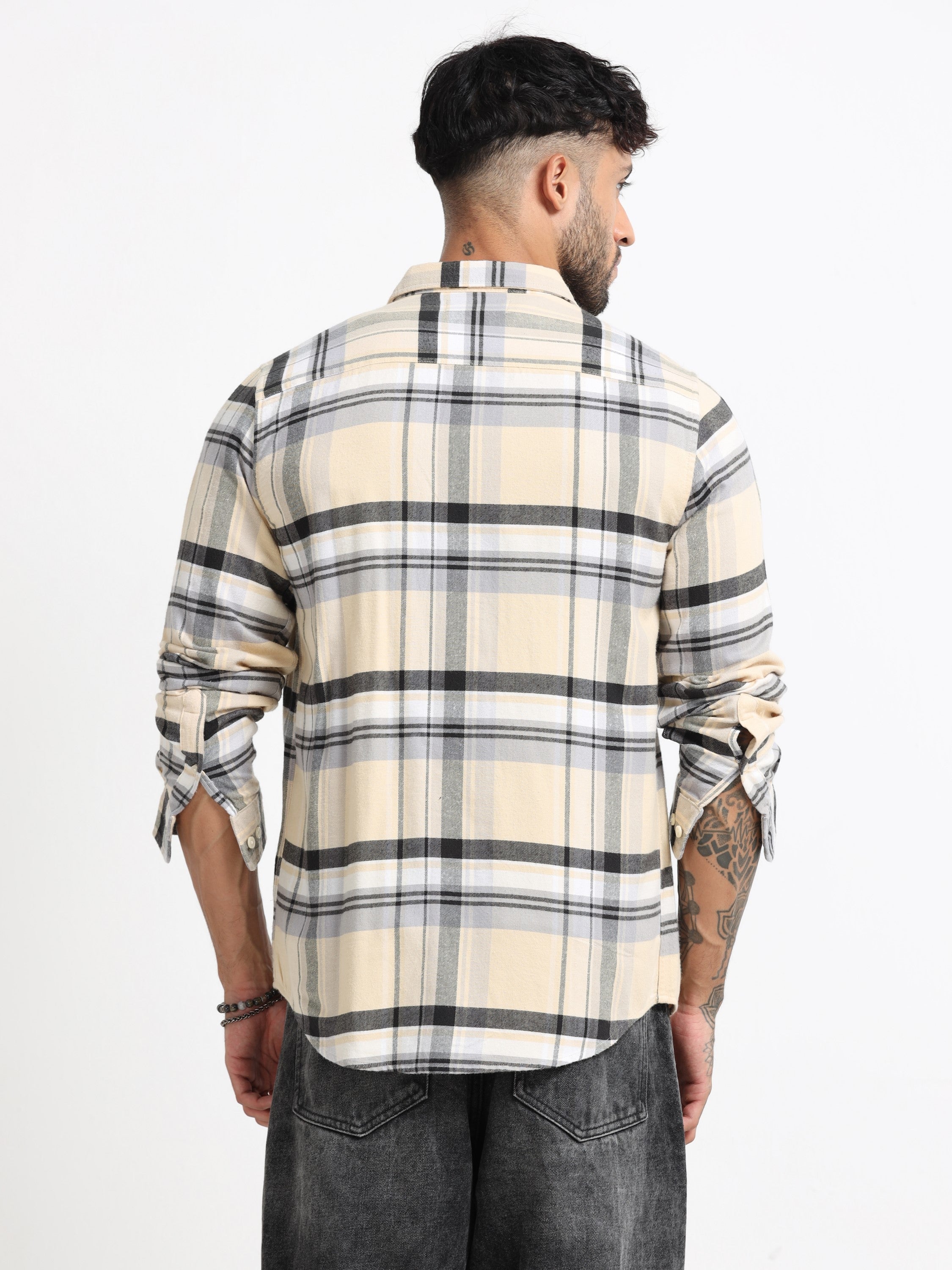 Men Cream Multi Check Shirt