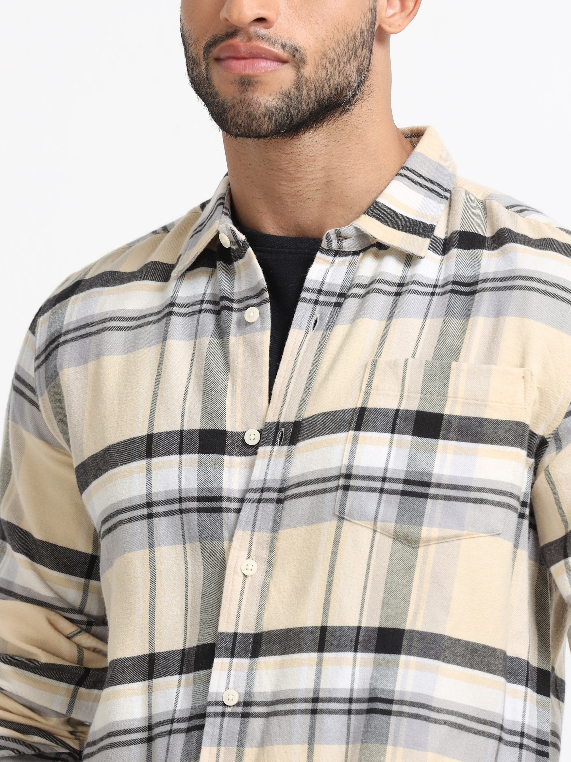 Men Cream Multi Check Shirt