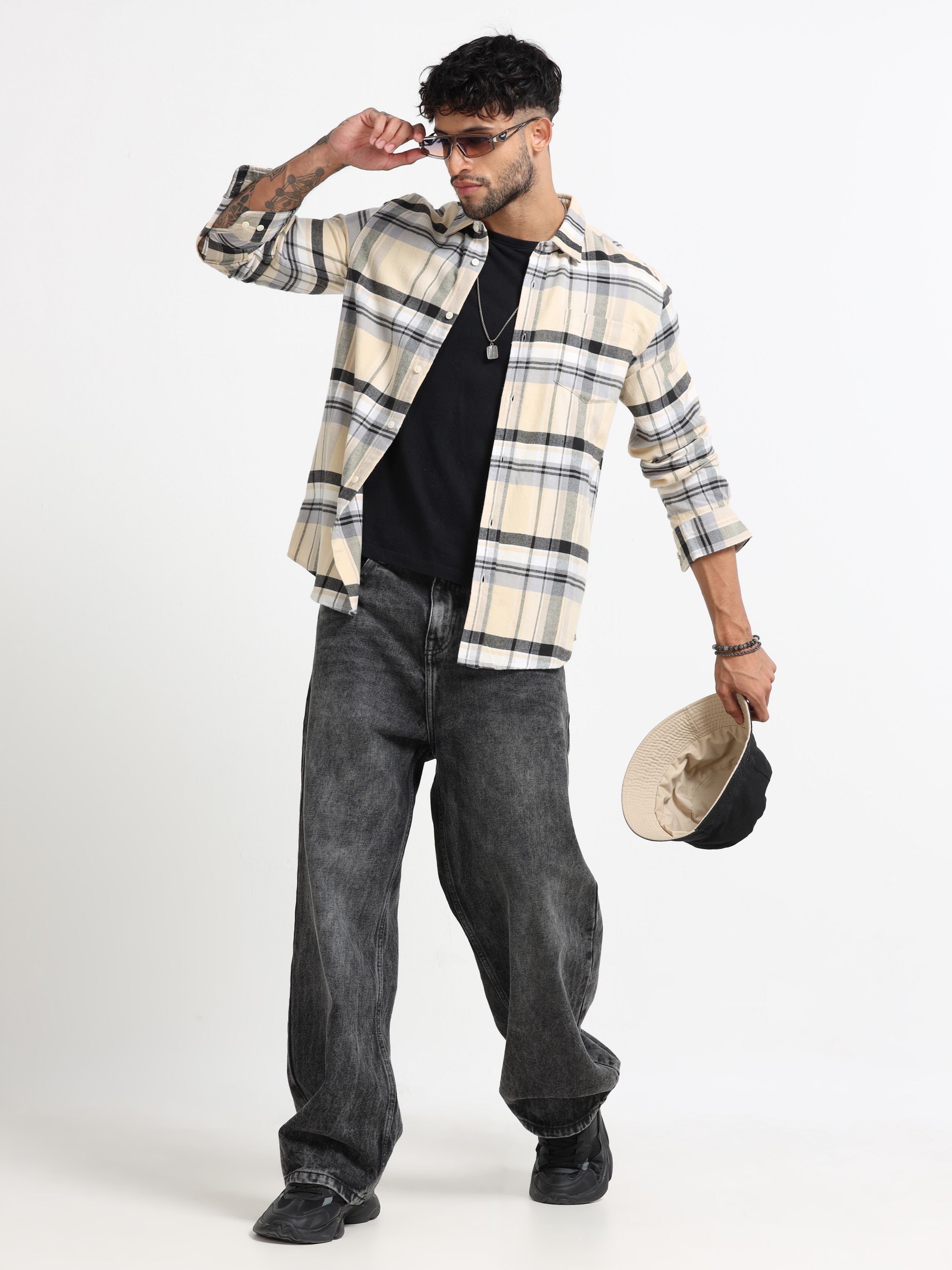 Men Cream Multi Check Shirt