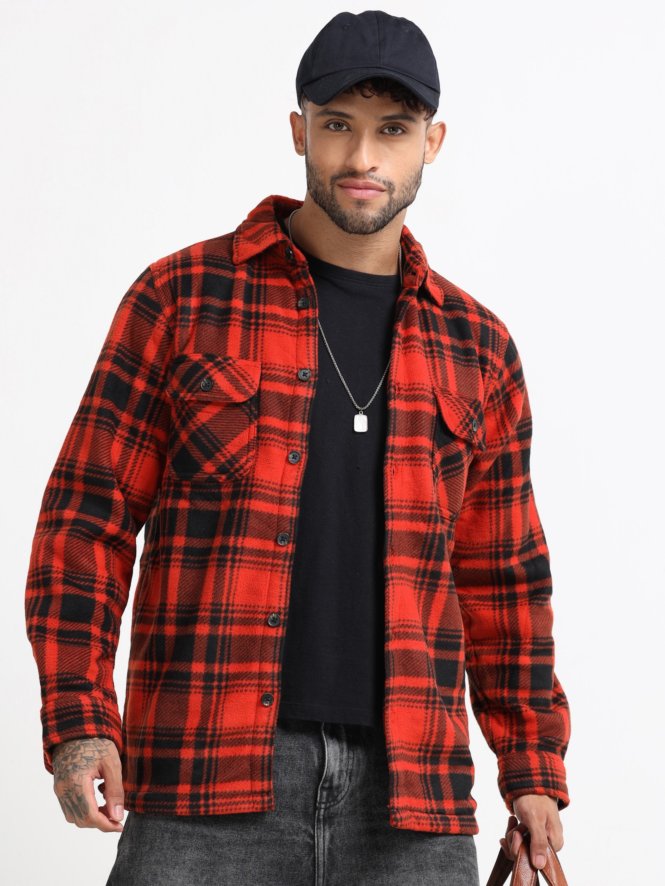 Men Orange Polar Fleece Shacket