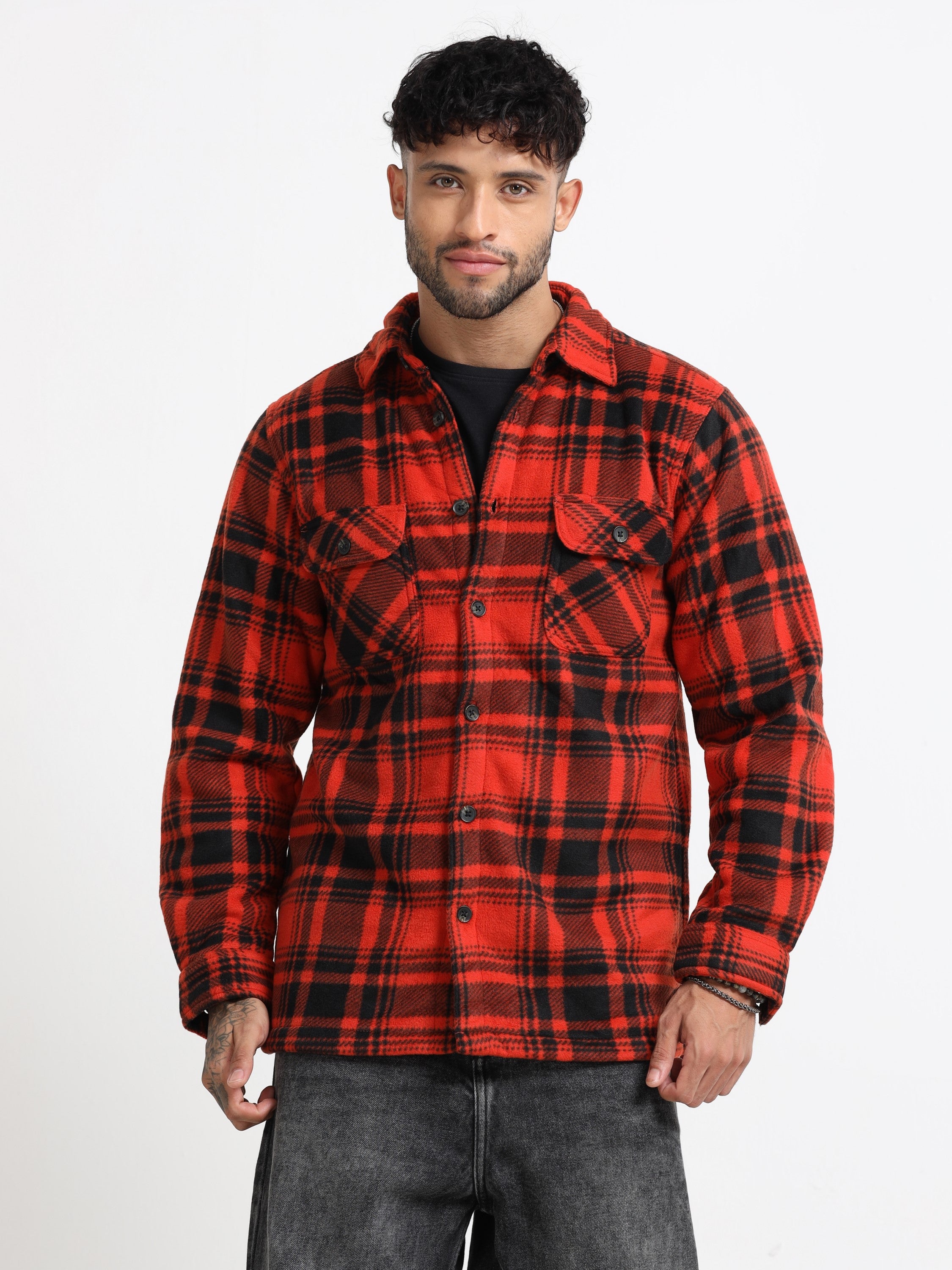 Men Orange Polar Fleece Shacket