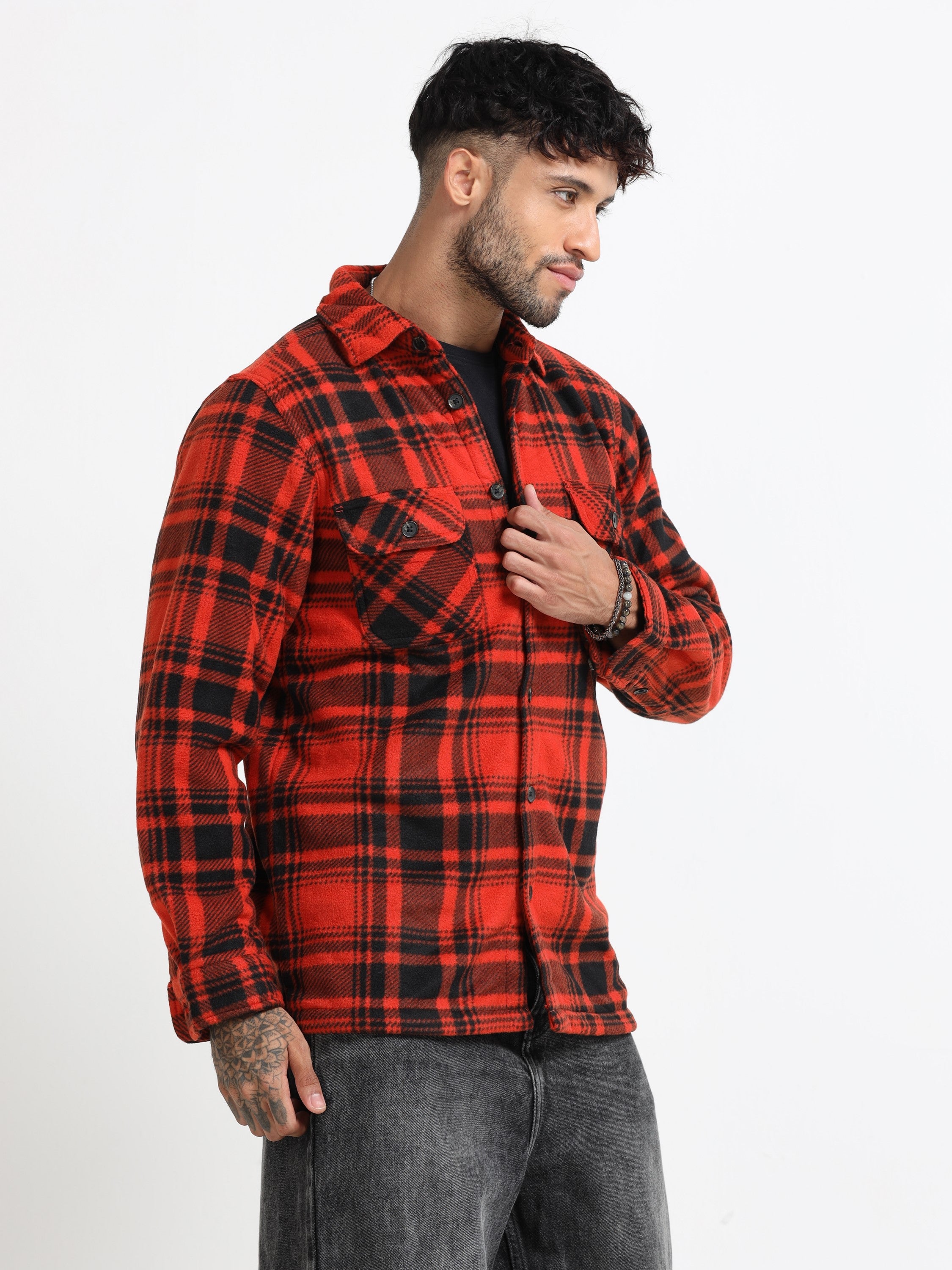 Men Orange Polar Fleece Shacket