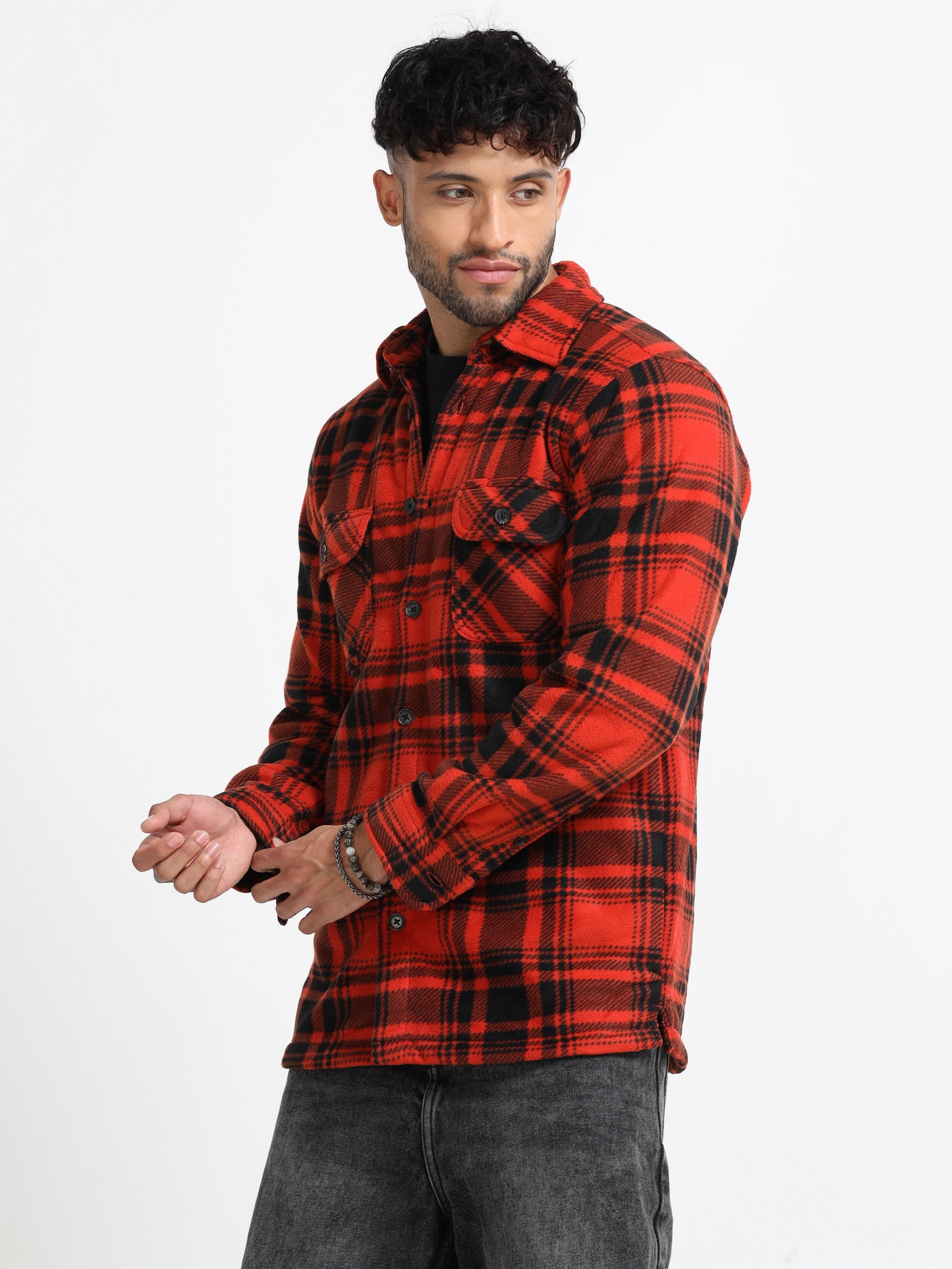 Men Orange Polar Fleece Shacket