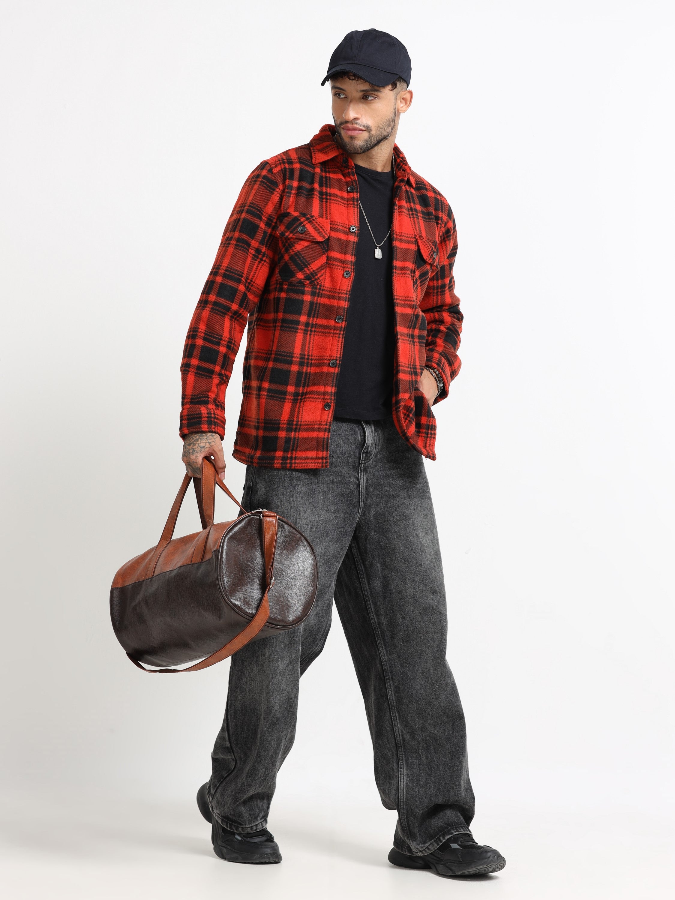 Men Orange Polar Fleece Shacket