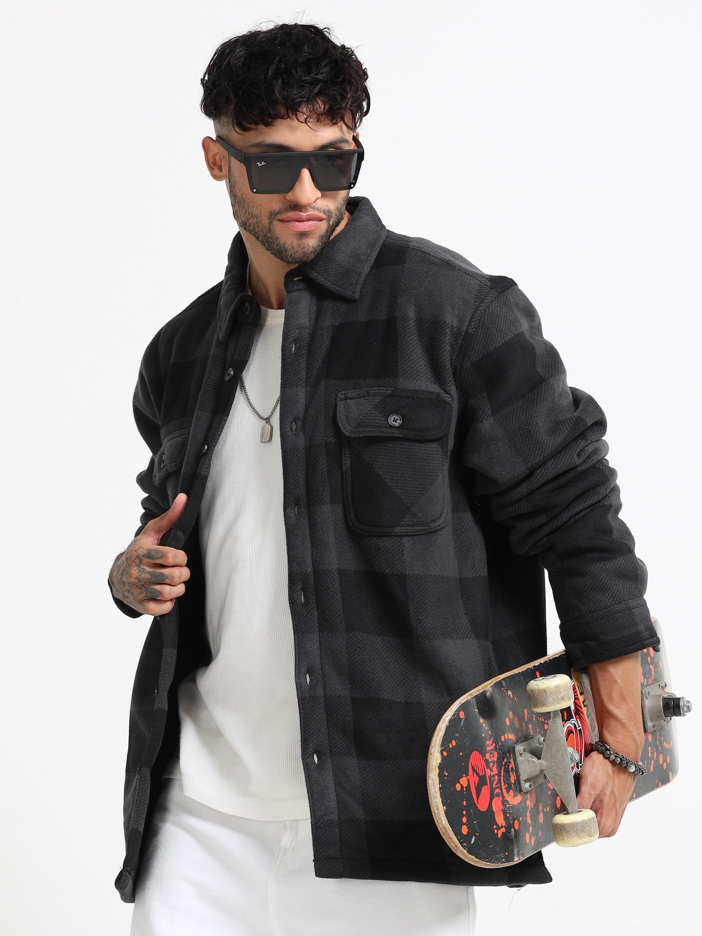 Men Black Polar Fleece Shacket